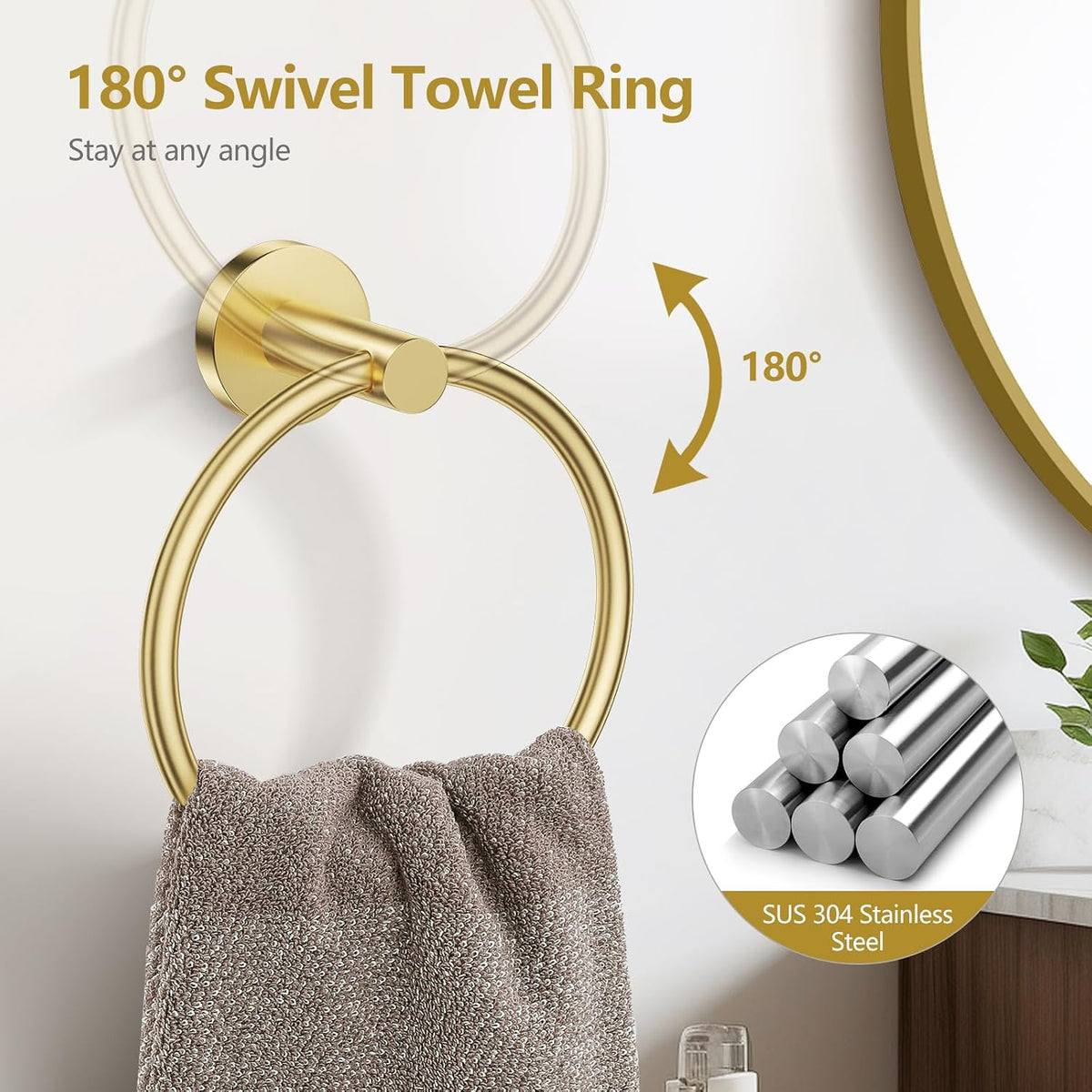 TQKAG Brushed Gold Bathroom Accessories, 5 Piece Towel Racks for Bathroom | 23.6" Bathroom Hardware Set, SUS304