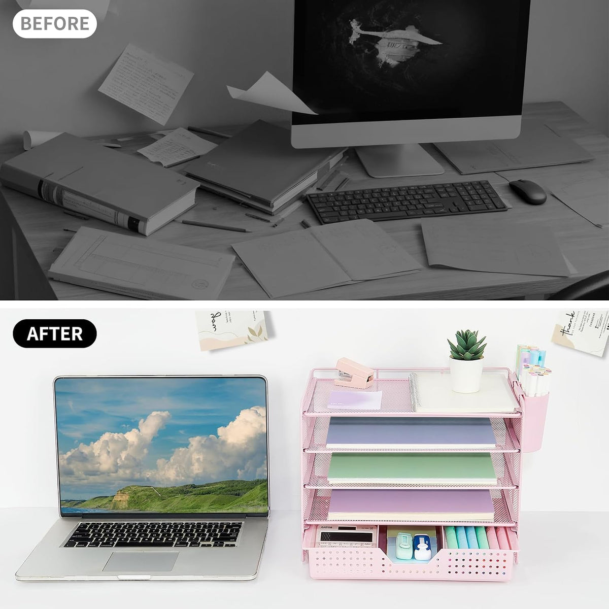 LEKETREE Desk Organizers and Accessories, 5-Tier Paper Letter Tray Organizer with Drawer & 2 Pen Holders, Desktop