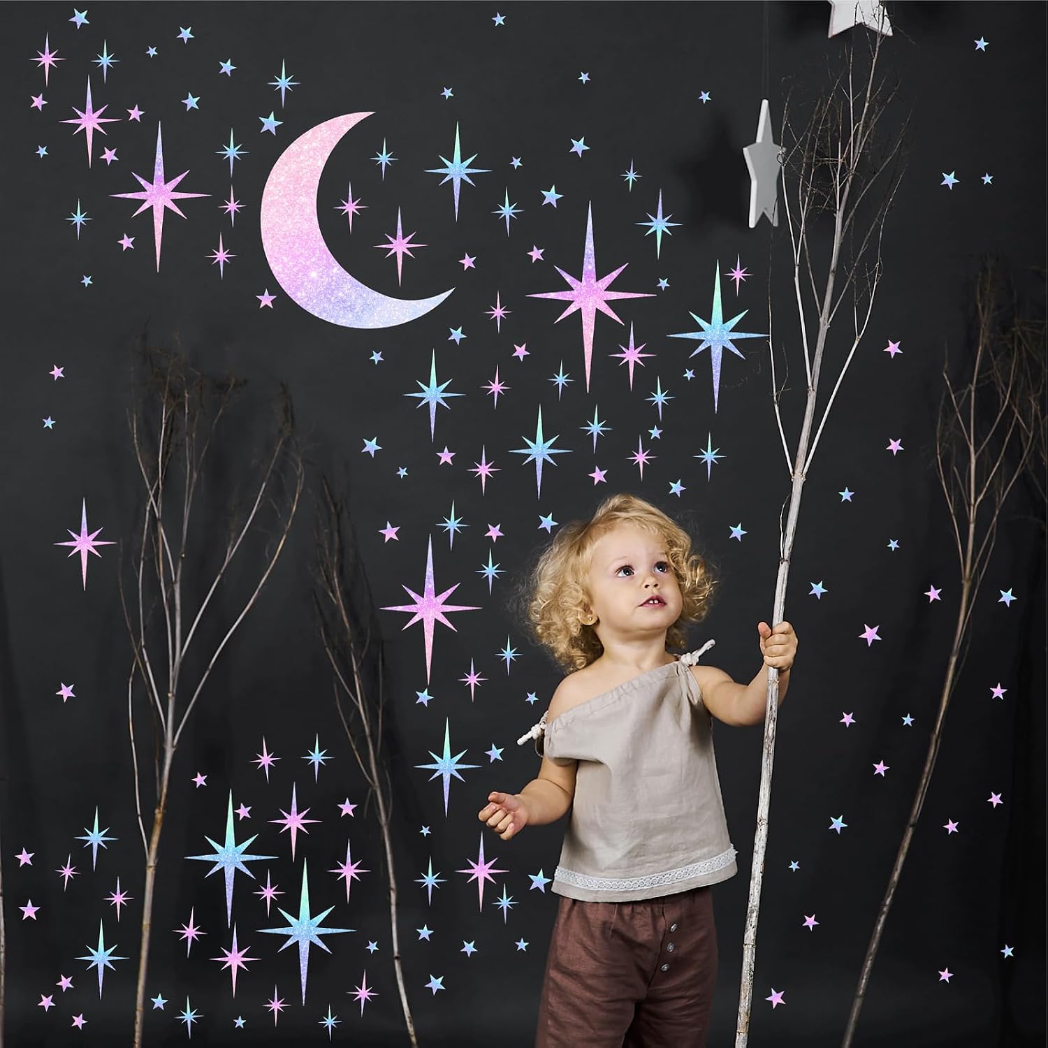 Retro Star Wall Decals Sparkle Wall Decal Peel and Stick Rainbow Star Moon Stickers / Colorful Satr