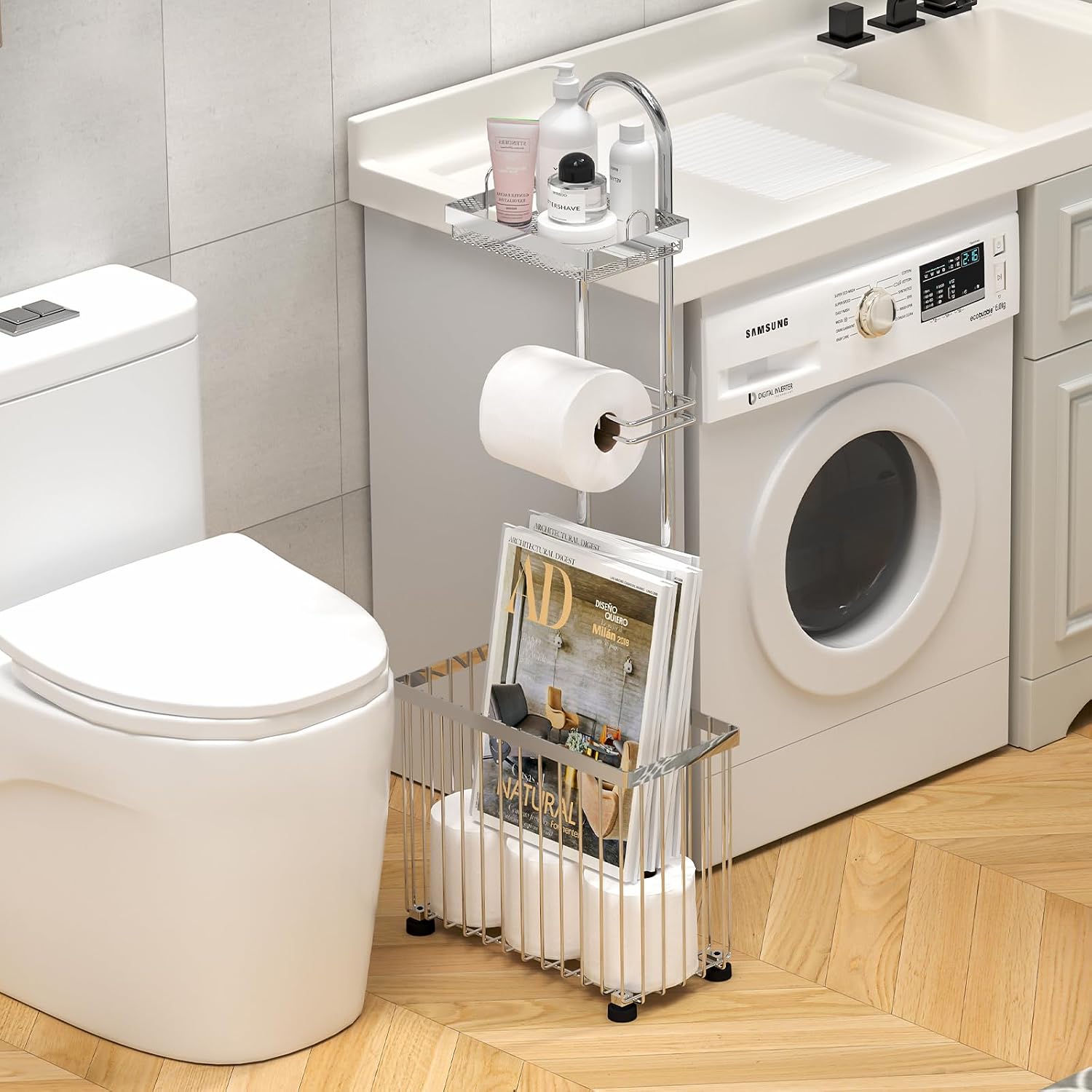 Freestanding Toilet Paper Holder Toilet Tissue Rack Scroll Stand Roll Dispenser with Storage Shelf Reserve for Phone