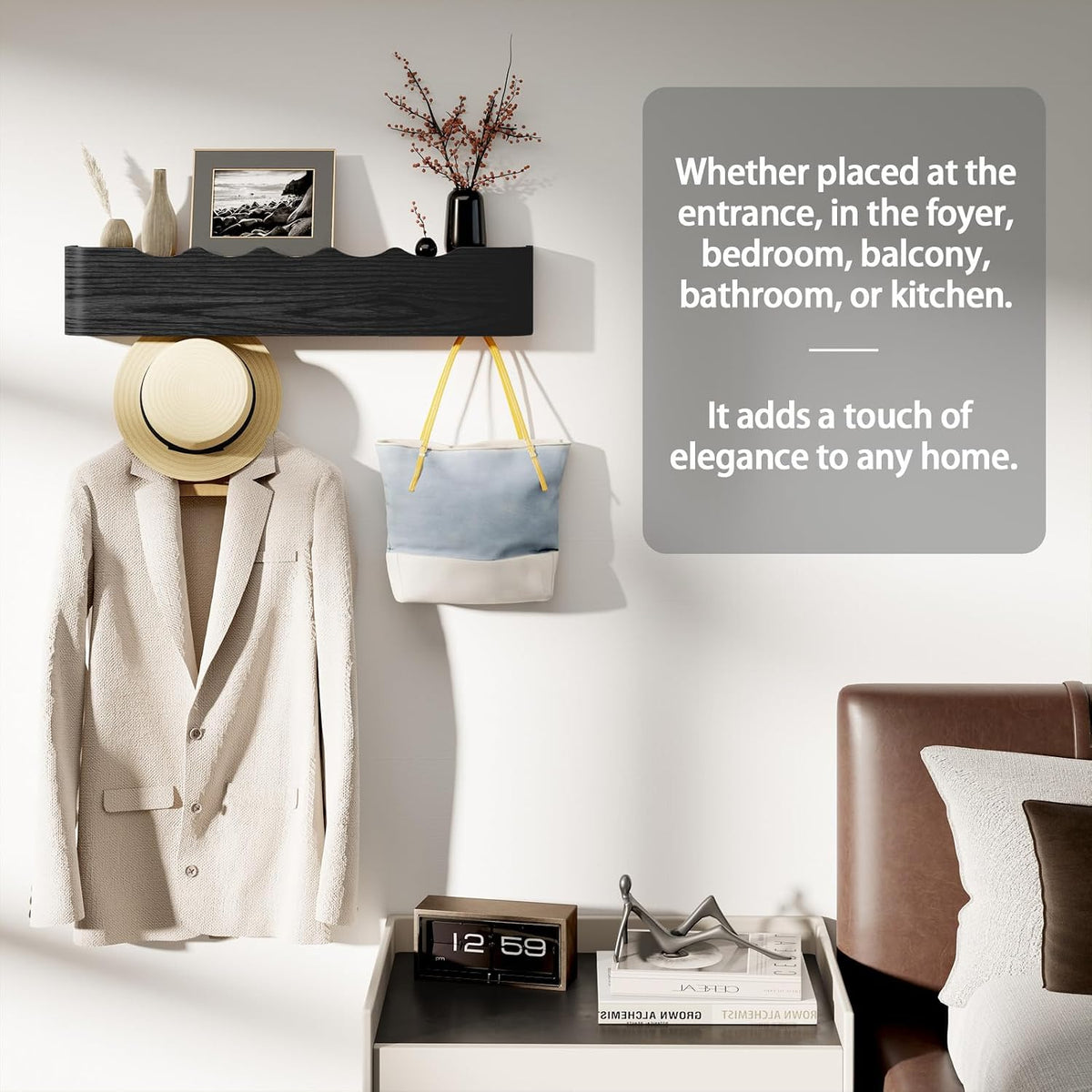 Coat Rack Wall Mount with Shelf 5 Hidden Hooks Modern Wooden Key Holder Entryway Organizer for Hallway Bedroom Bathroom