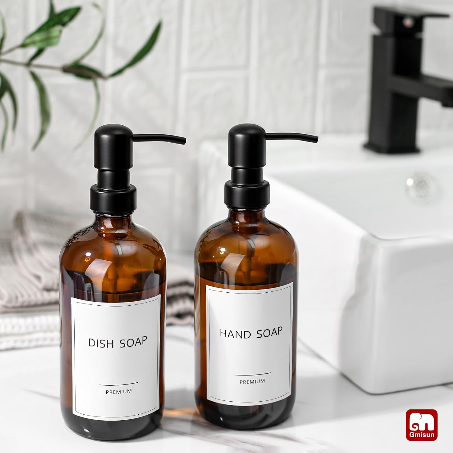 GMISUN Amber Glass Soap Dispenser, 4 Pack Bathroom Hand Soap Dispensers with Stainless Steel Pump, 17 Fl Oz Kitchen