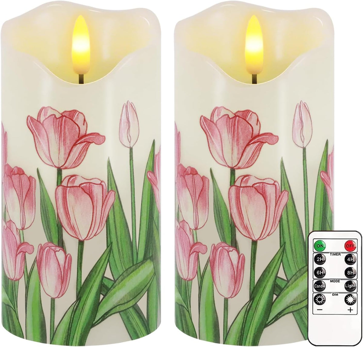 Tulip Flameless Candles Set of 2, 6"x3" Spring Candles with Remote & Timer
