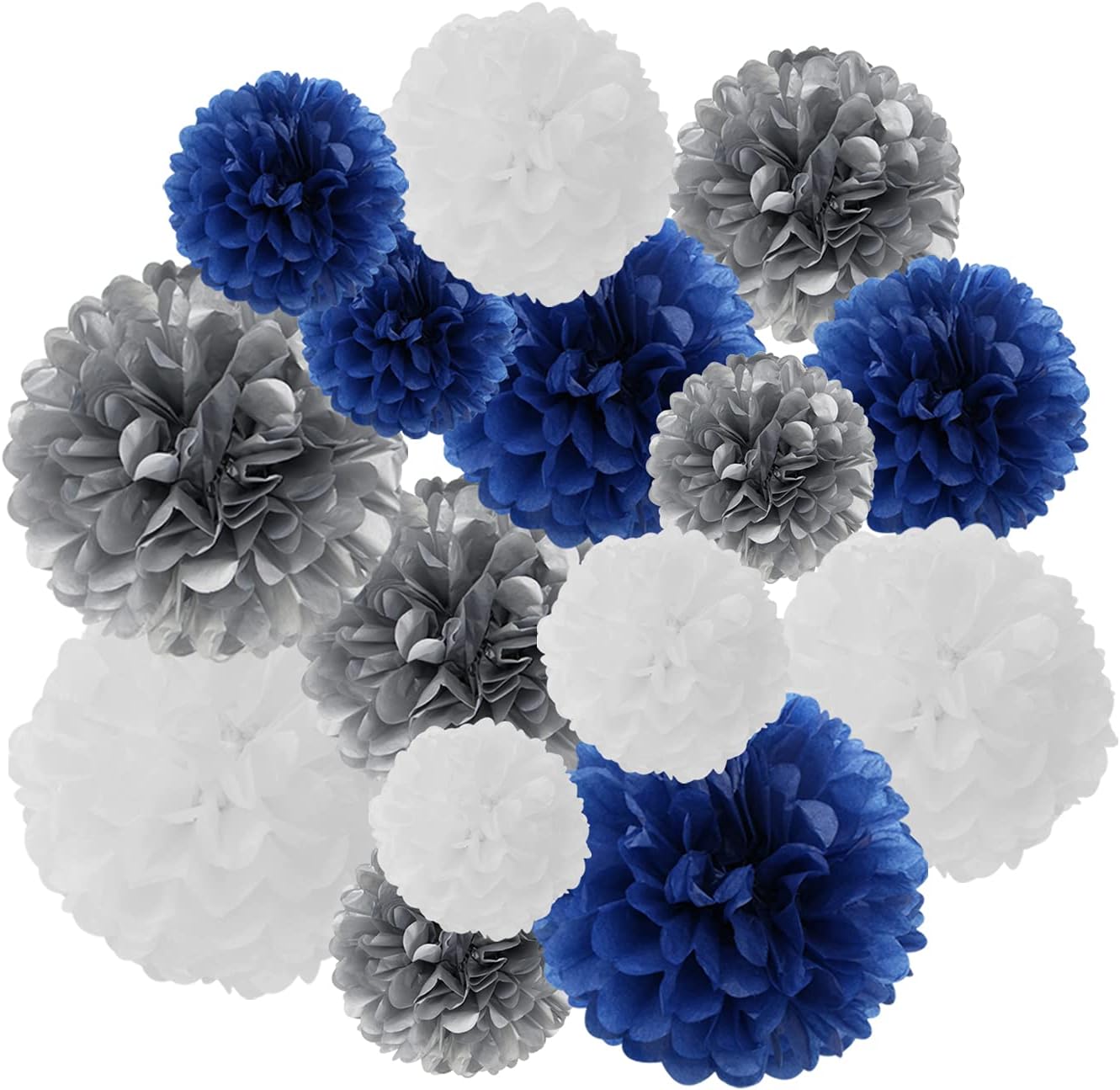 5 Size Party Decorations Paper Flowers / Navy Blue White Silver / Set of 15