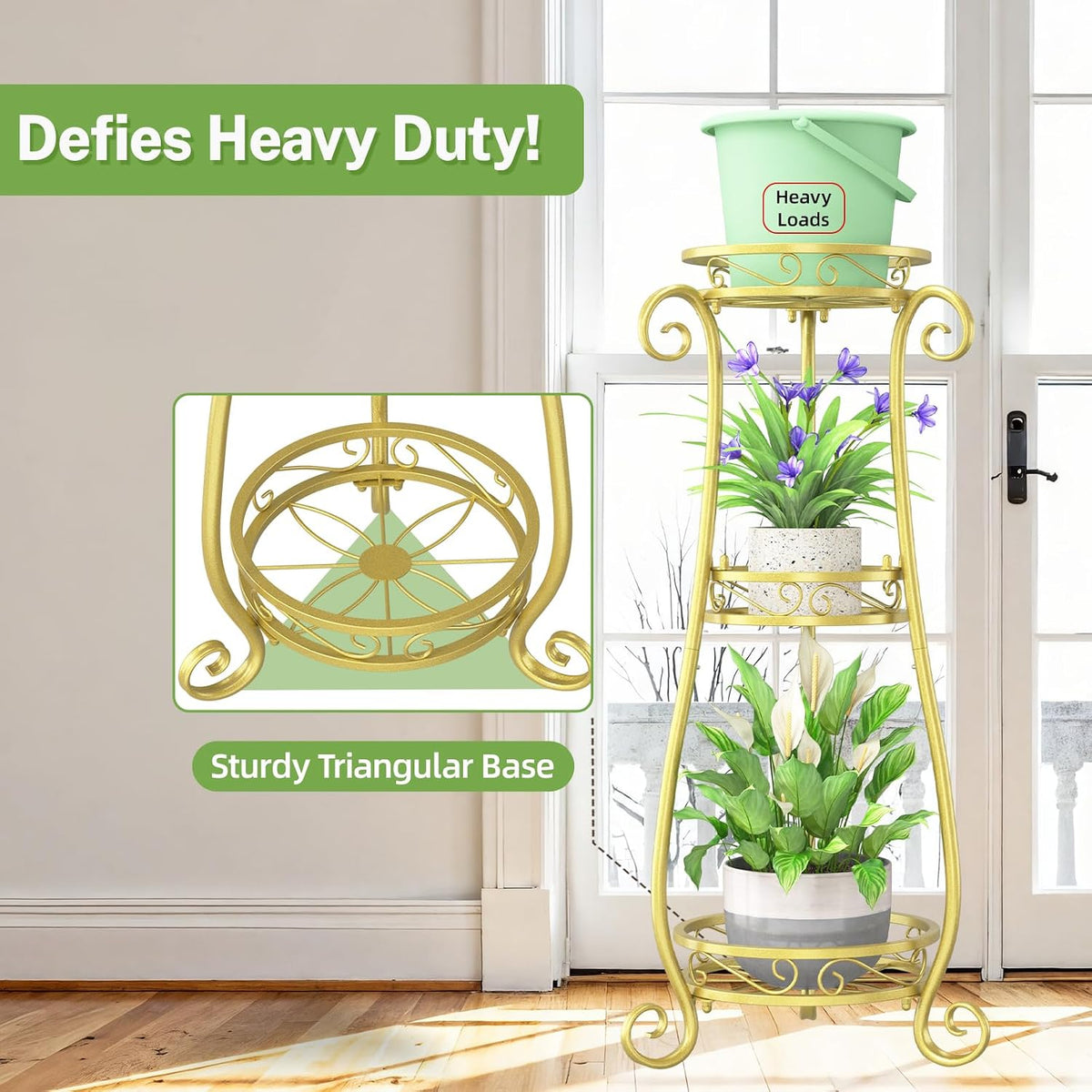 iDavosic.ly 3 Tier Tall Metal Plant Stand Outdoor Indoor, 34 Inch, Gold | Corner Flower Pot Holder Shelf, Wrought Iron
