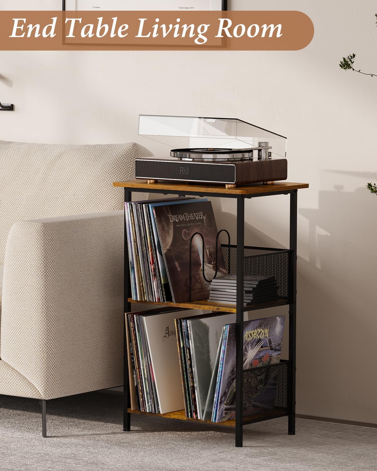 Honkazita 3 Tier Vinyl Record Storage Table Wooden Turntable Stand | holds up to 200 albums, now playing vinyl record