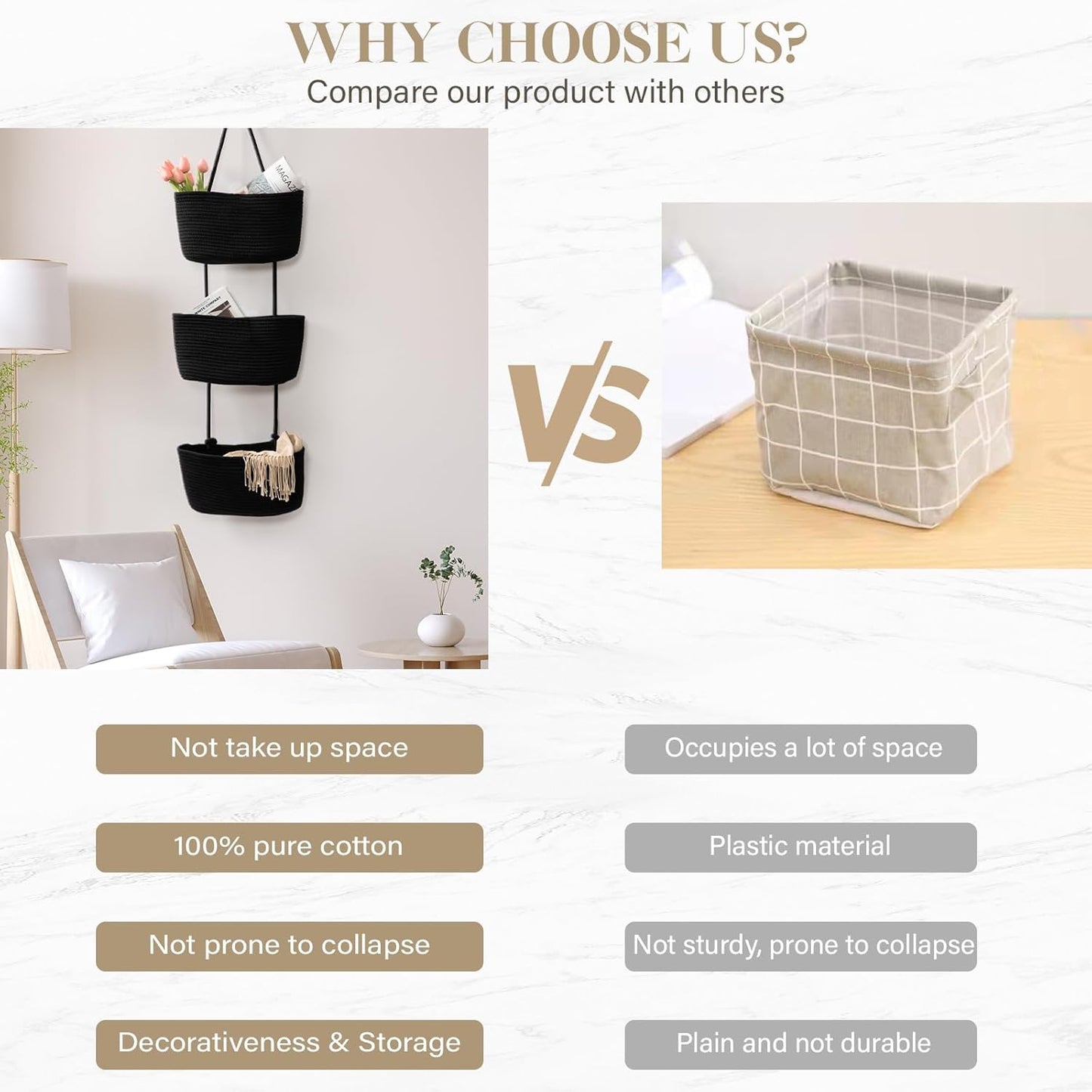 3-Tier Woven Cotton Wall-Mounted Storage Organizer Bag Decorative Hanging Nursery / Black