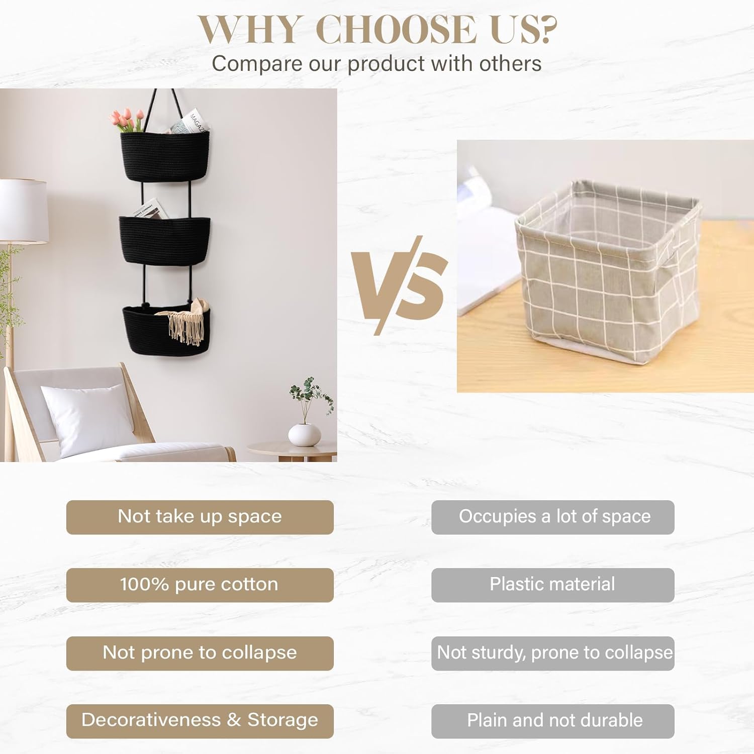 3-Tier Woven Cotton Wall-Mounted Storage Organizer Bag Decorative Hanging Nursery / Black