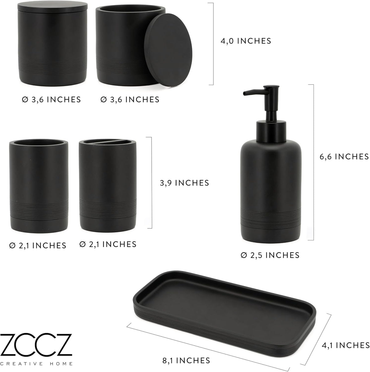 Black Matte Bathroom Accessories Set 6 Pieces - Toothbrush Holder, Lotion Dispenser, Qtip Container, Vanity Tray