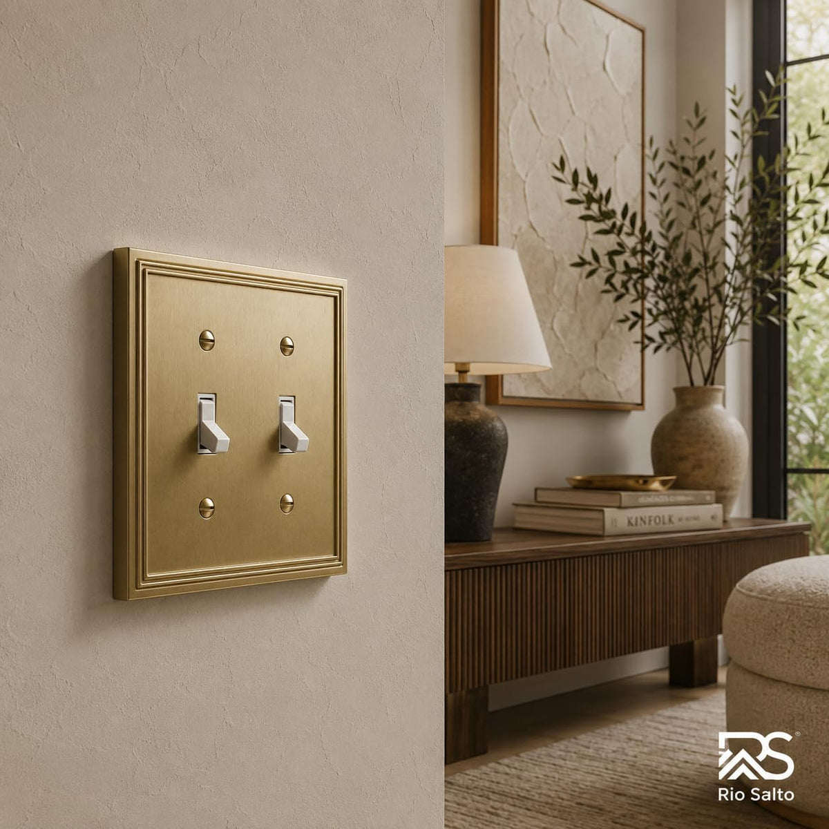 Rio Salto Gold Decorative 2 Light Switch Cover Plate Double Toggle Flip Switch Brushed Brass Gold Metal Wall Plates