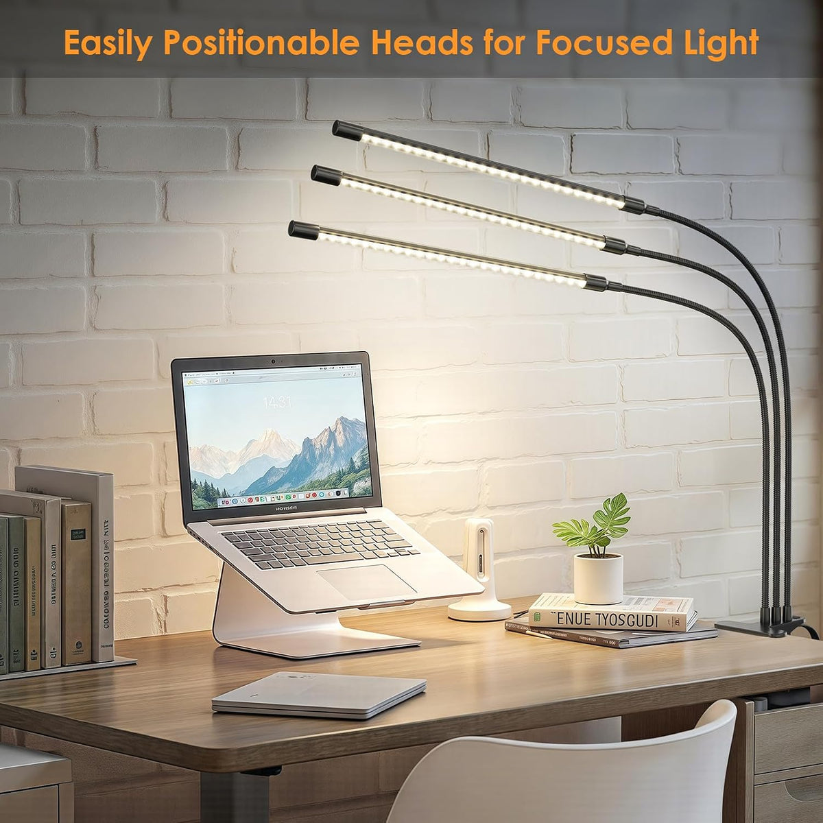 ShineTech 3-Head LED Desk Lamp with Clamp, Eye-Caring Clip on Lights | Ultra-Wide Lighting, 4 Color Modes, Stepless