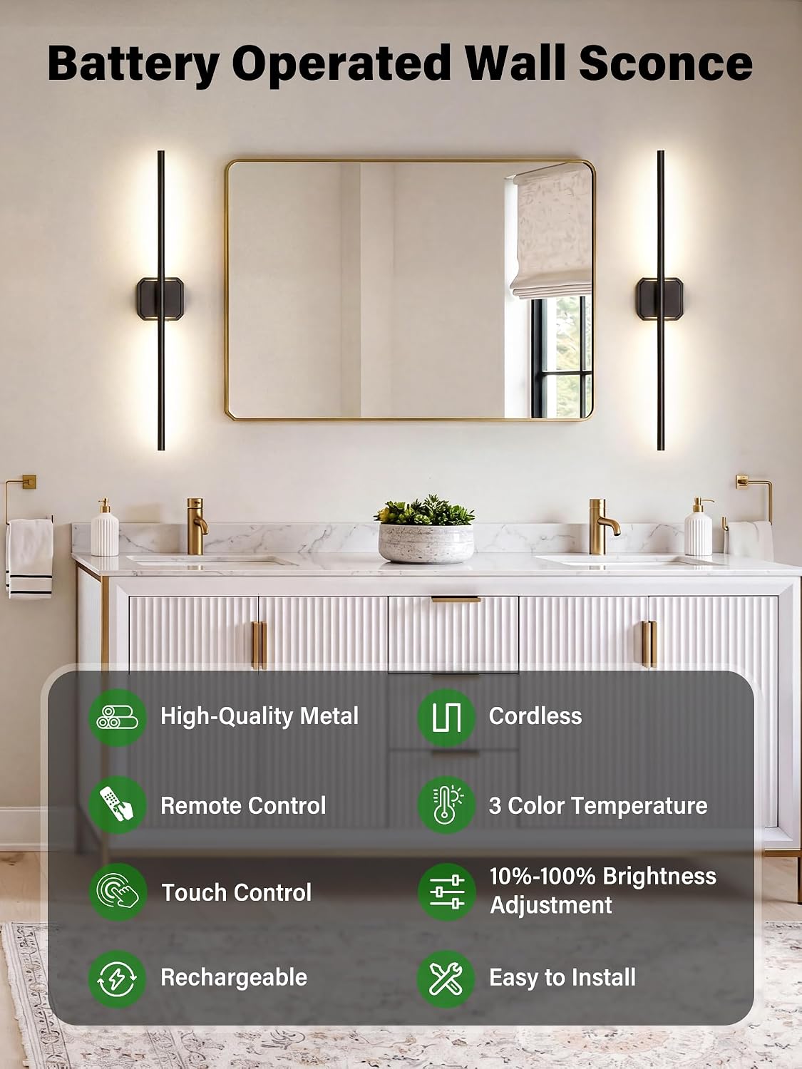 Battery Operated Wall Sconces Set of Two, Wireless Wall Lights Touch & Remote Control Rechargeable LED Wall Lamp