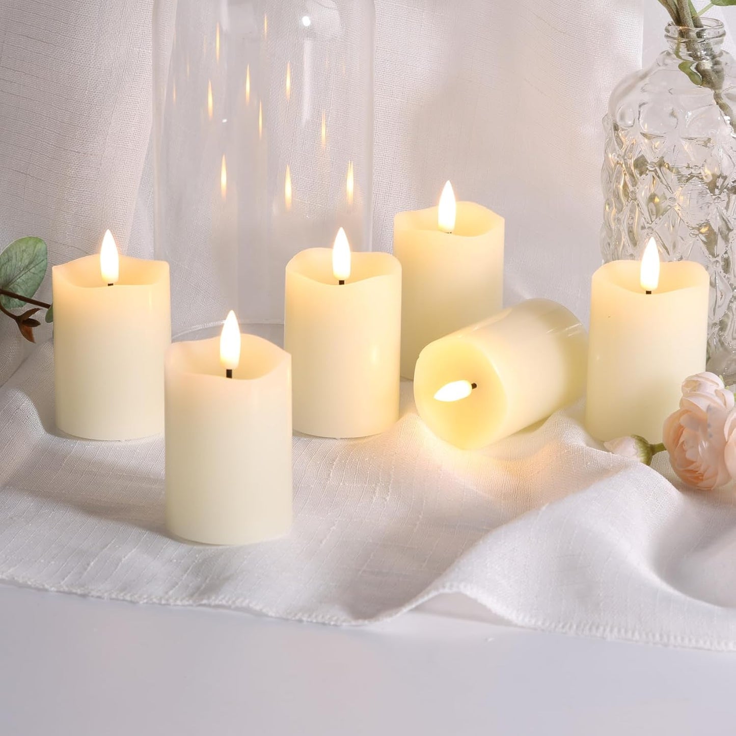 Ivory Flameless Votive Candles with Timer Batteries Set of 6 | 2x3 in Small LED Pillar Candles, Halloween Fall Candles