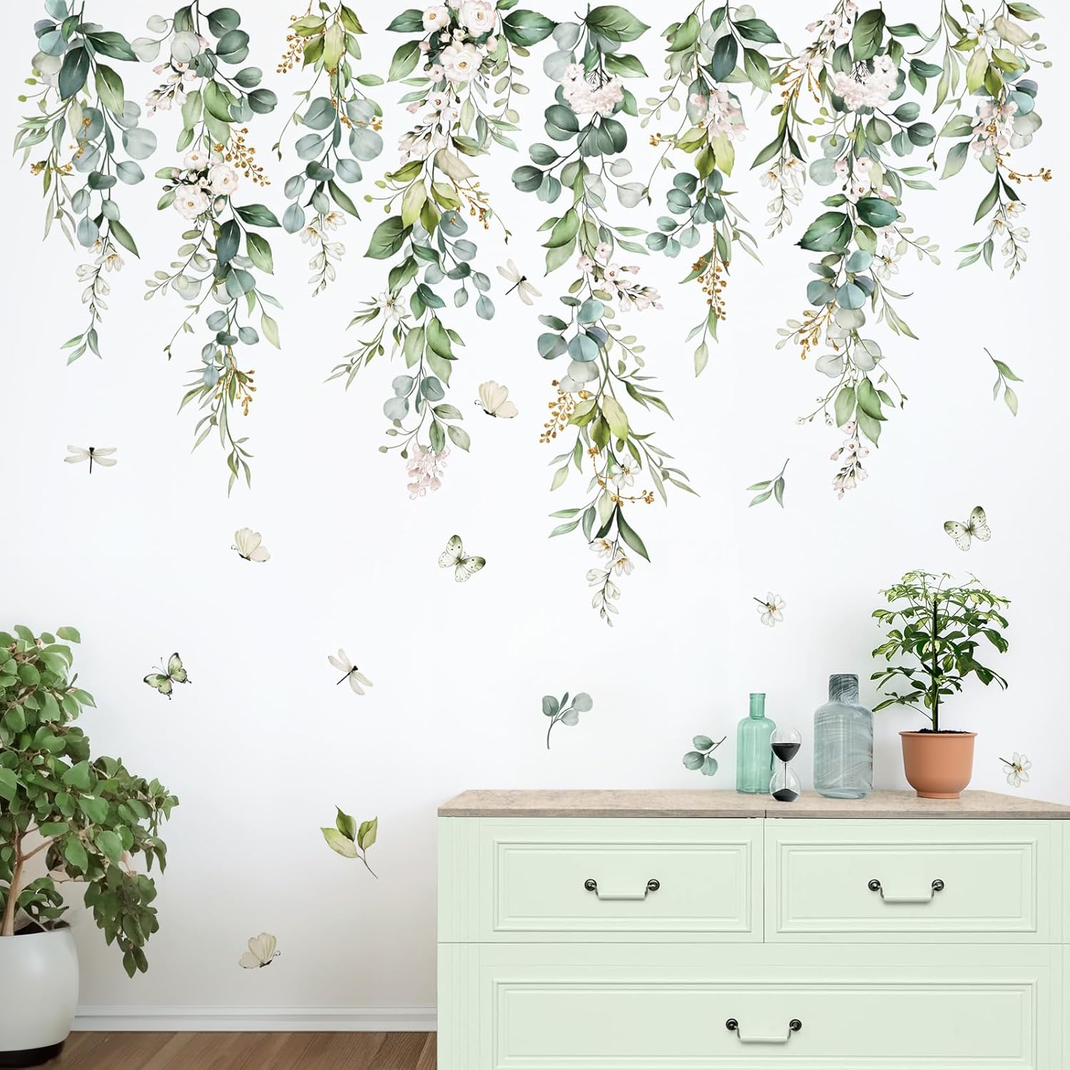 Hanging Leaves Wall Decals Hanging Vines Plants Leaves Peel and Stick Wall Art Stickers / Green