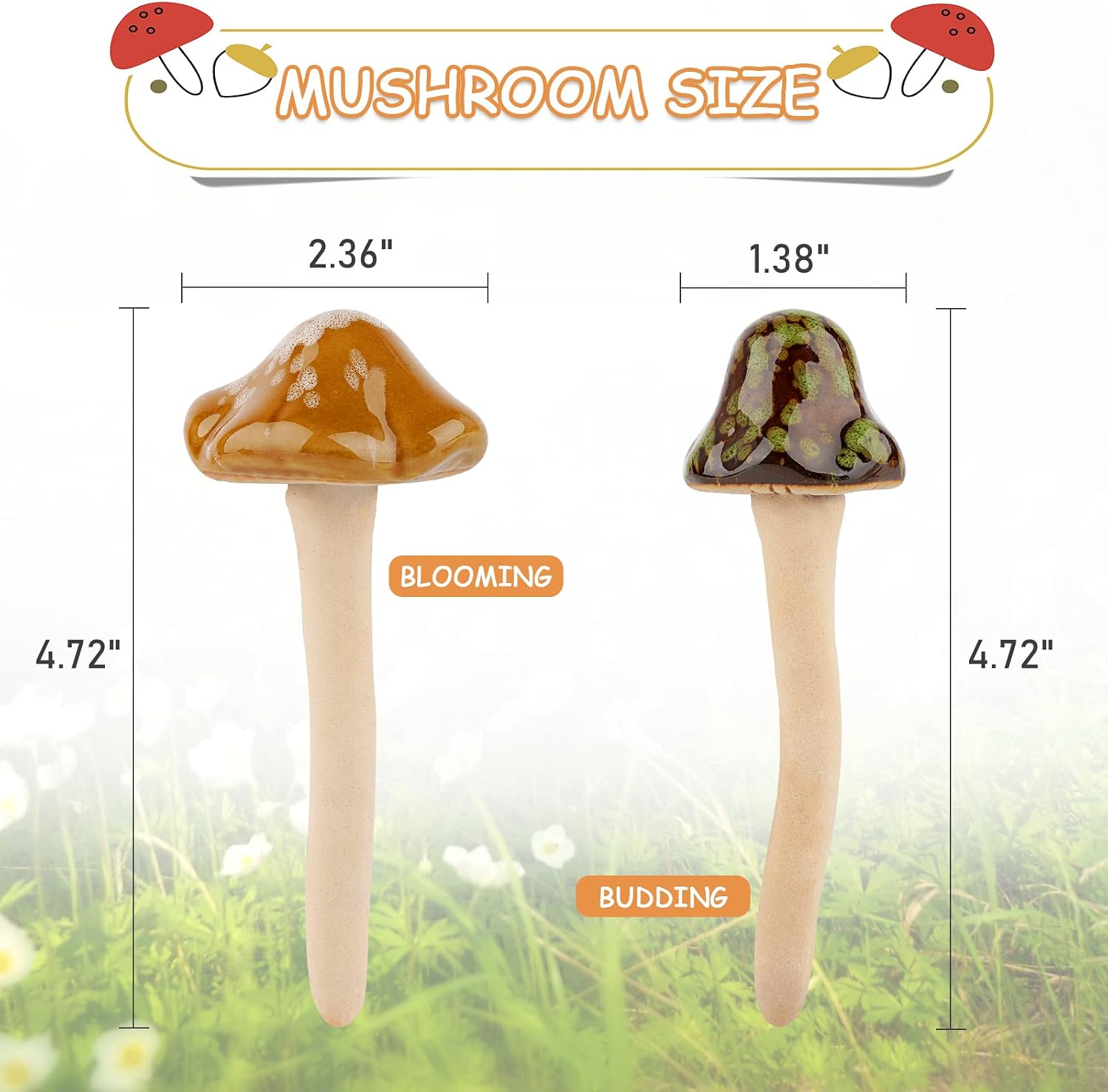 Ceramic Garden Mushrooms Figurine Decorative Plants Stakes Accessories Lawn / Blooming-1 / Set of 8
