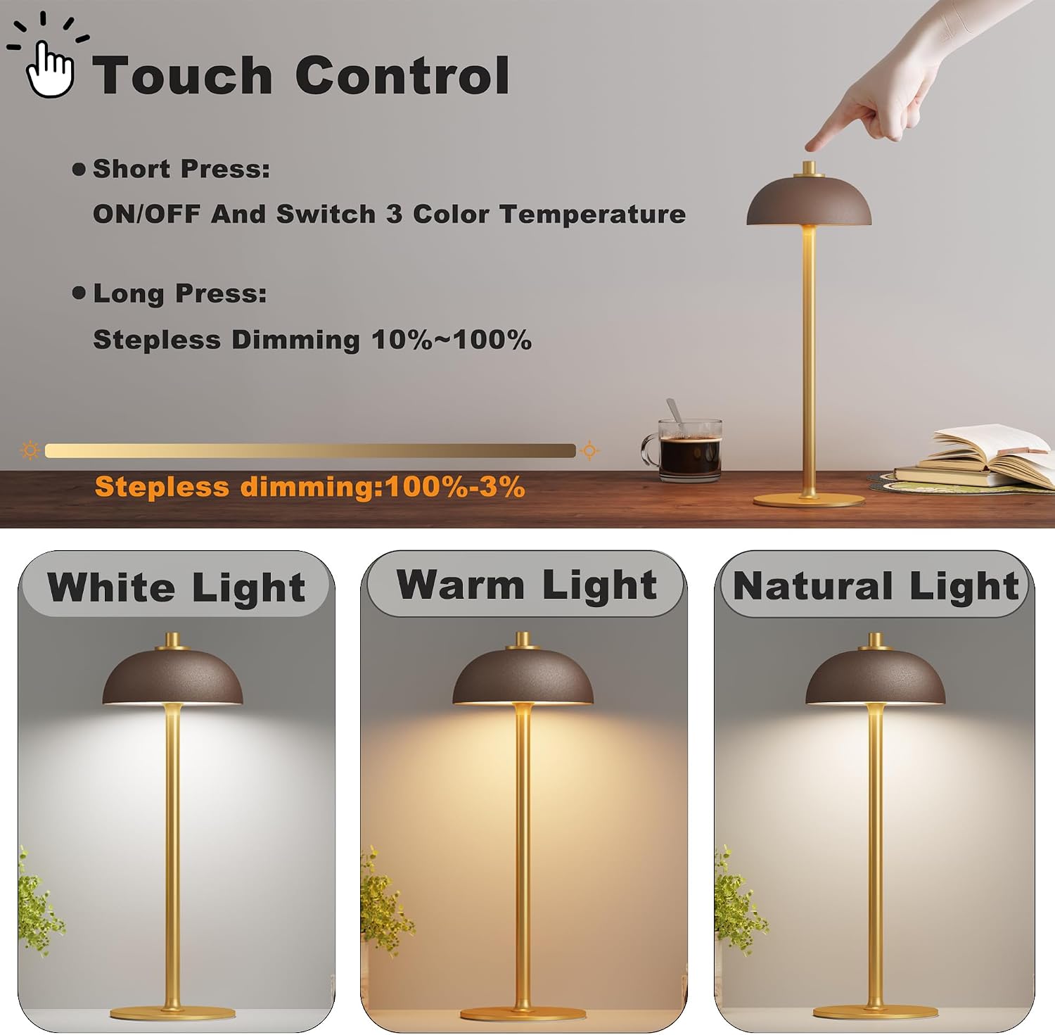 2 Pack Cordless Table Lamp Rechargeable, 5000mAh Battery Table Light | 3 Color Stepless Dimming Metal Table Light with