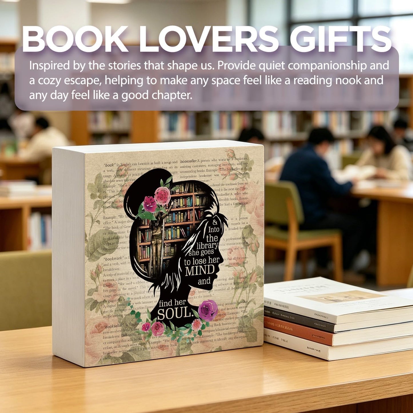 Book Lover Women Wood Box Sign Desk Decor Gifts for Friends