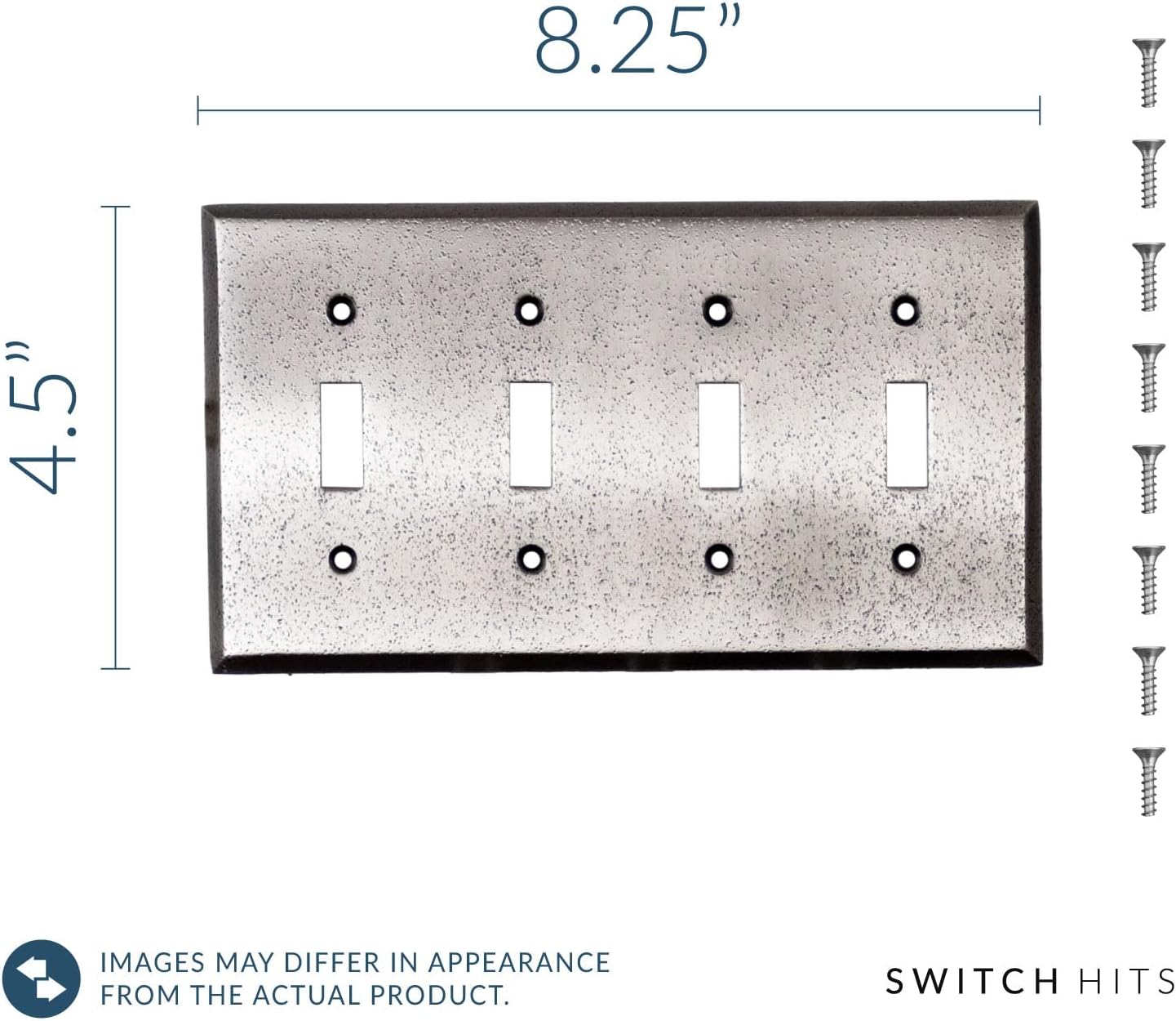 Distressed Antique Pewter Outlet Wall Plate | 4 Toggle | 8.25" x 4.5" | Hand-Polished Brass Construction | Electrical