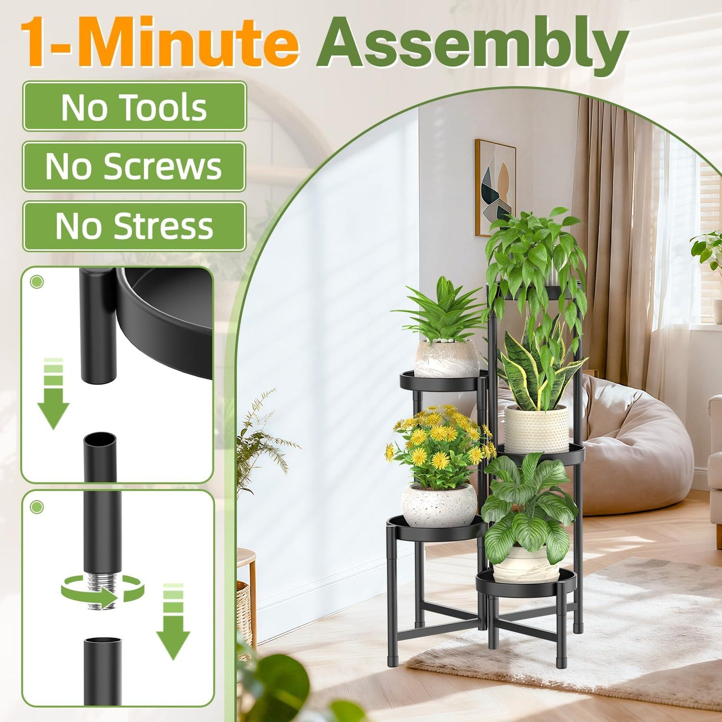 iDavosic.ly Plant Stand Indoor Outdoor, 5 Tier Metal Corner Shelf, Black | Tiered Flower Display Holder, Folding Multi