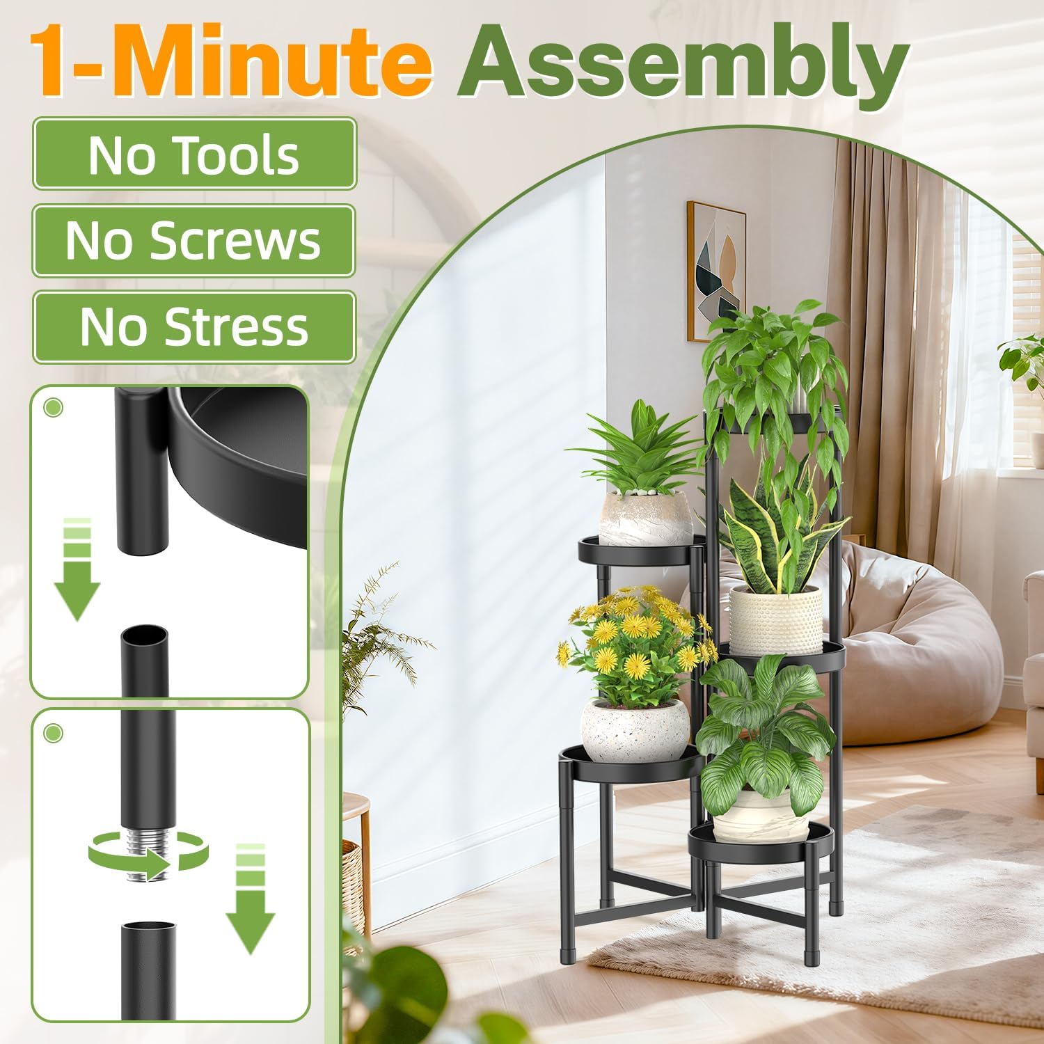 iDavosic.ly Plant Stand Indoor Outdoor, 5 Tier Metal Corner Shelf, Black | Tiered Flower Display Holder, Folding Multi