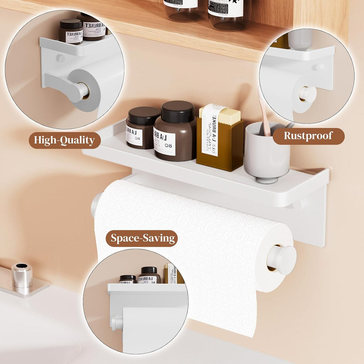 White Paper Towel Holder with Shelf, Wall Mount Paper Towel Holder for Bathroom Kitchen, Hand Towel Rack Holder,Paper