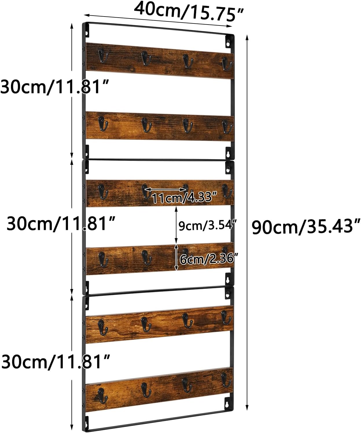 IBUYKE Coffee Mug Holder Wall Mounted,Set of 3,24 Hooks,Brown TBJ005H-3 | Mug Racks for Wall Rustic Wood Coffee Mug