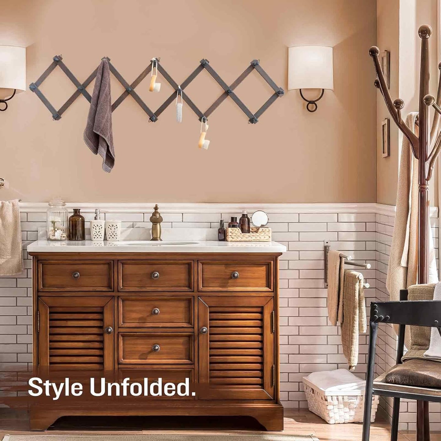 SCUNDA Rustic Wall Mounted Hat Rack with Space Saving Accordion Design, Expandable Hat Holder with 16 Wood Hooks