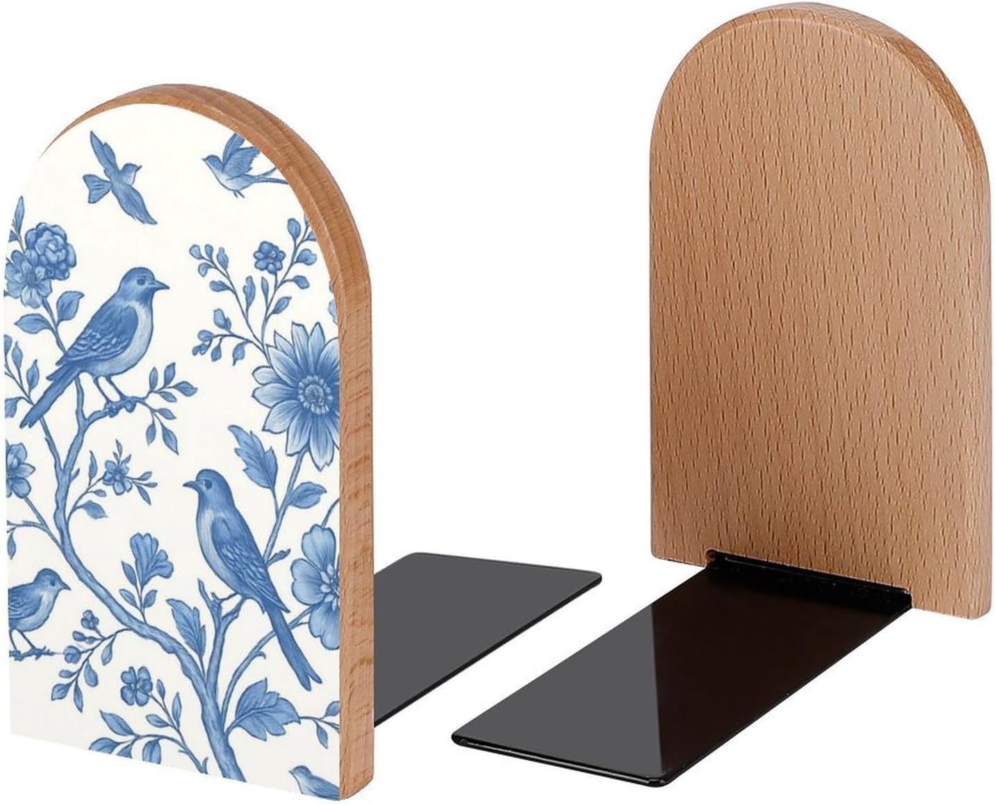 Blue and White Flowers Birds Book Ends Decorative Wood Bookends / Blue White Flowers Birds / 5 x 3.1