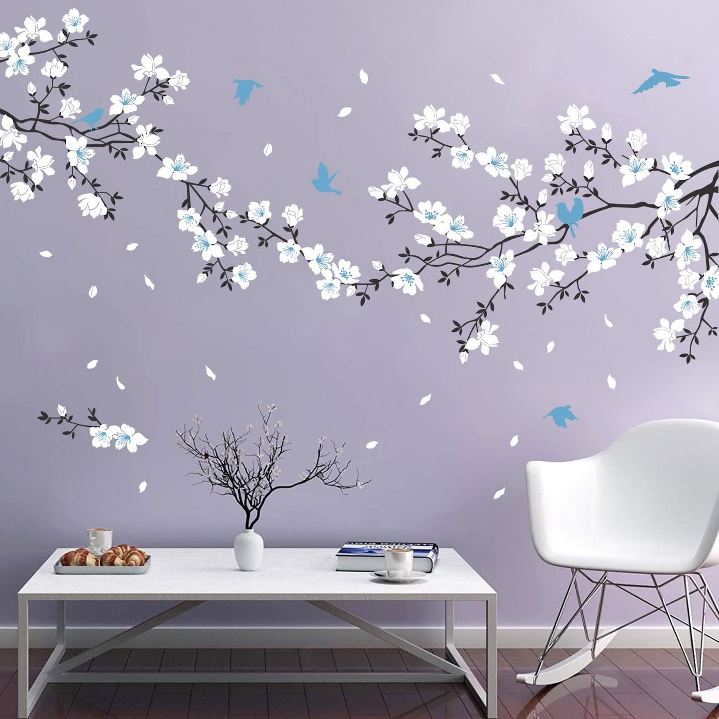 Wall Stickers / Cherry Blossom Wall Decal Birds on Tree Branch Art Sticker / Blue White Flower