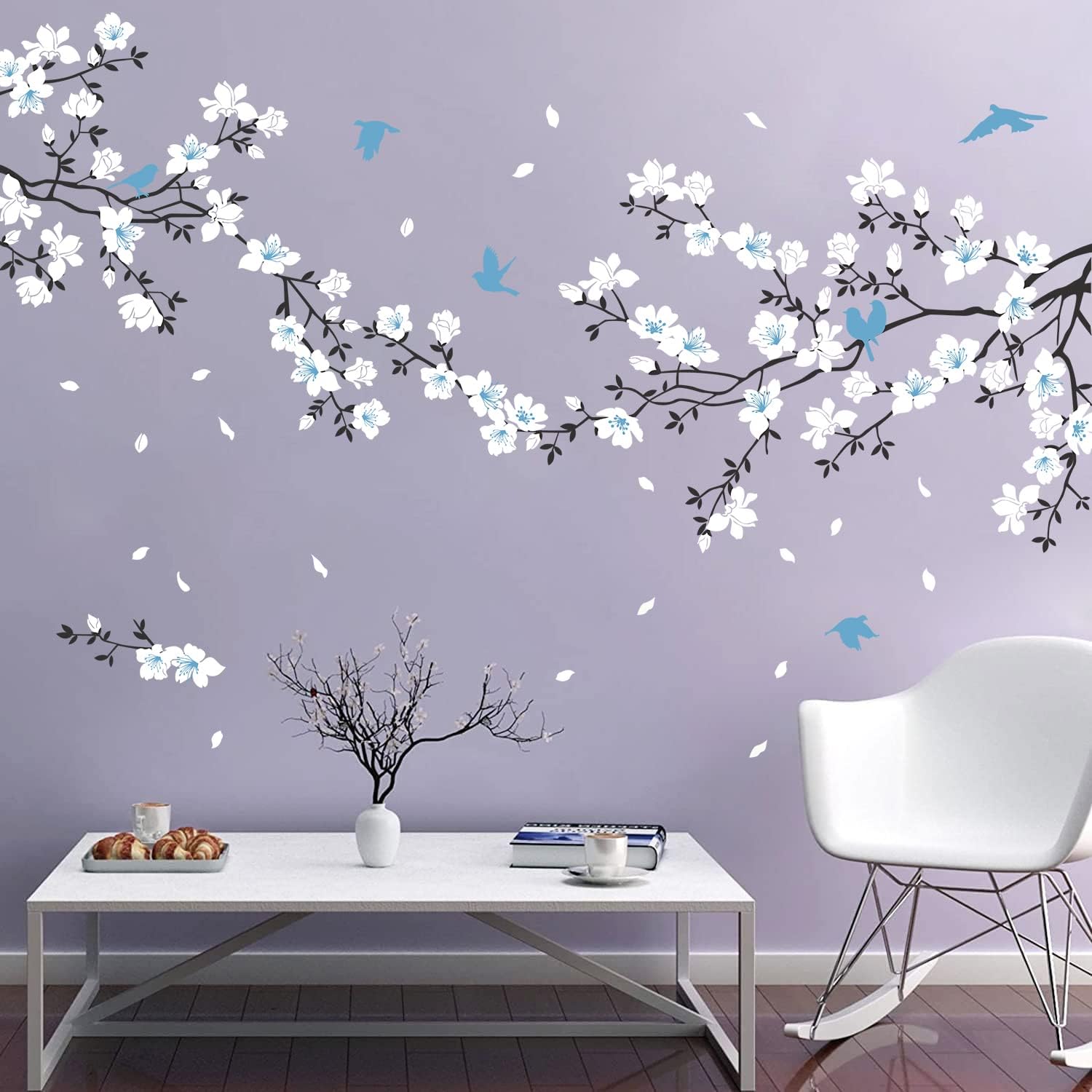 Wall Stickers / Cherry Blossom Wall Decal Birds on Tree Branch Art Sticker / Blue White Flower