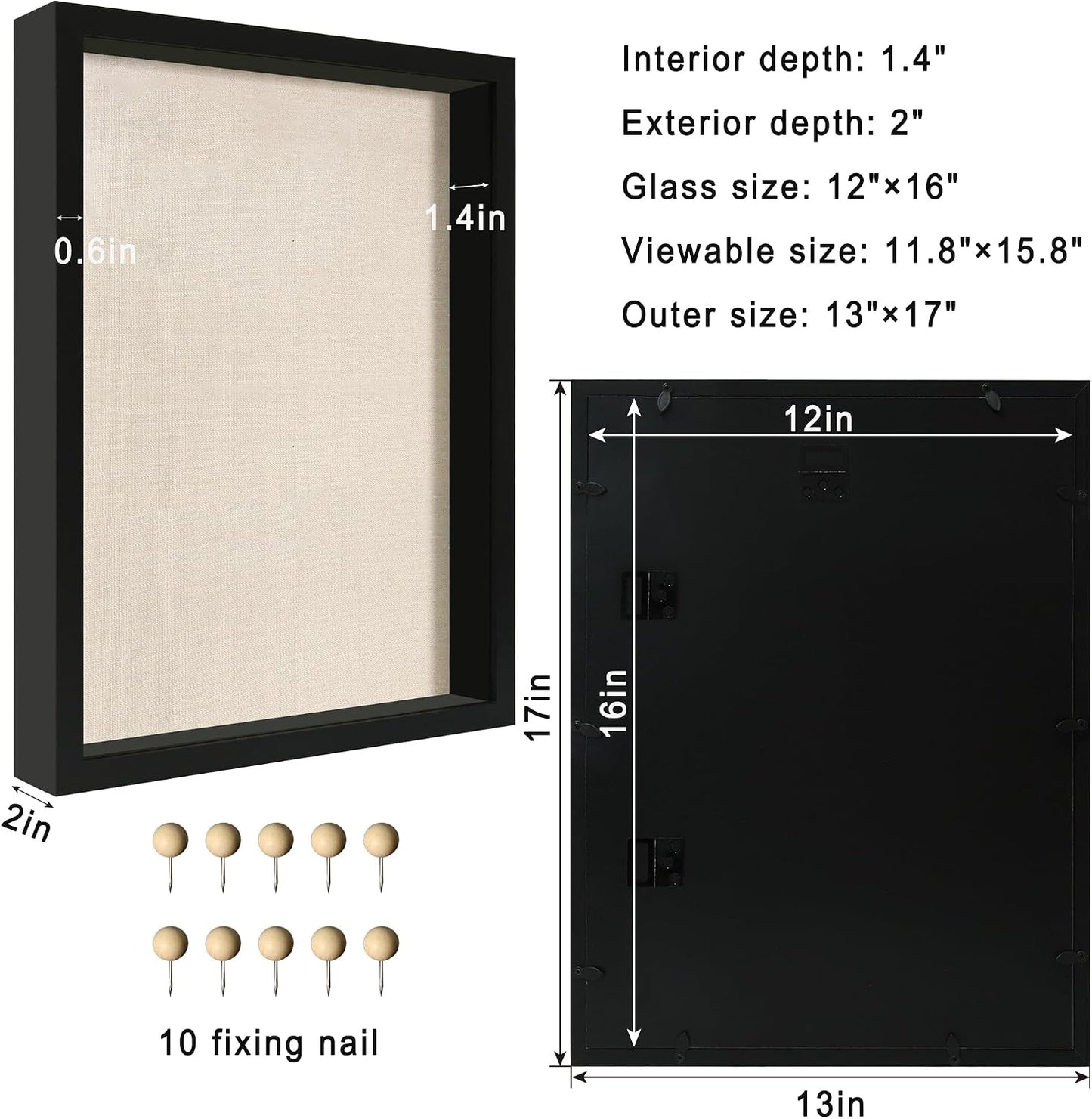 12x16 Large Shadow Box Picture Frame Display Case with Soft Linen Back, Black Wooden Memory Shadow Box Frame with