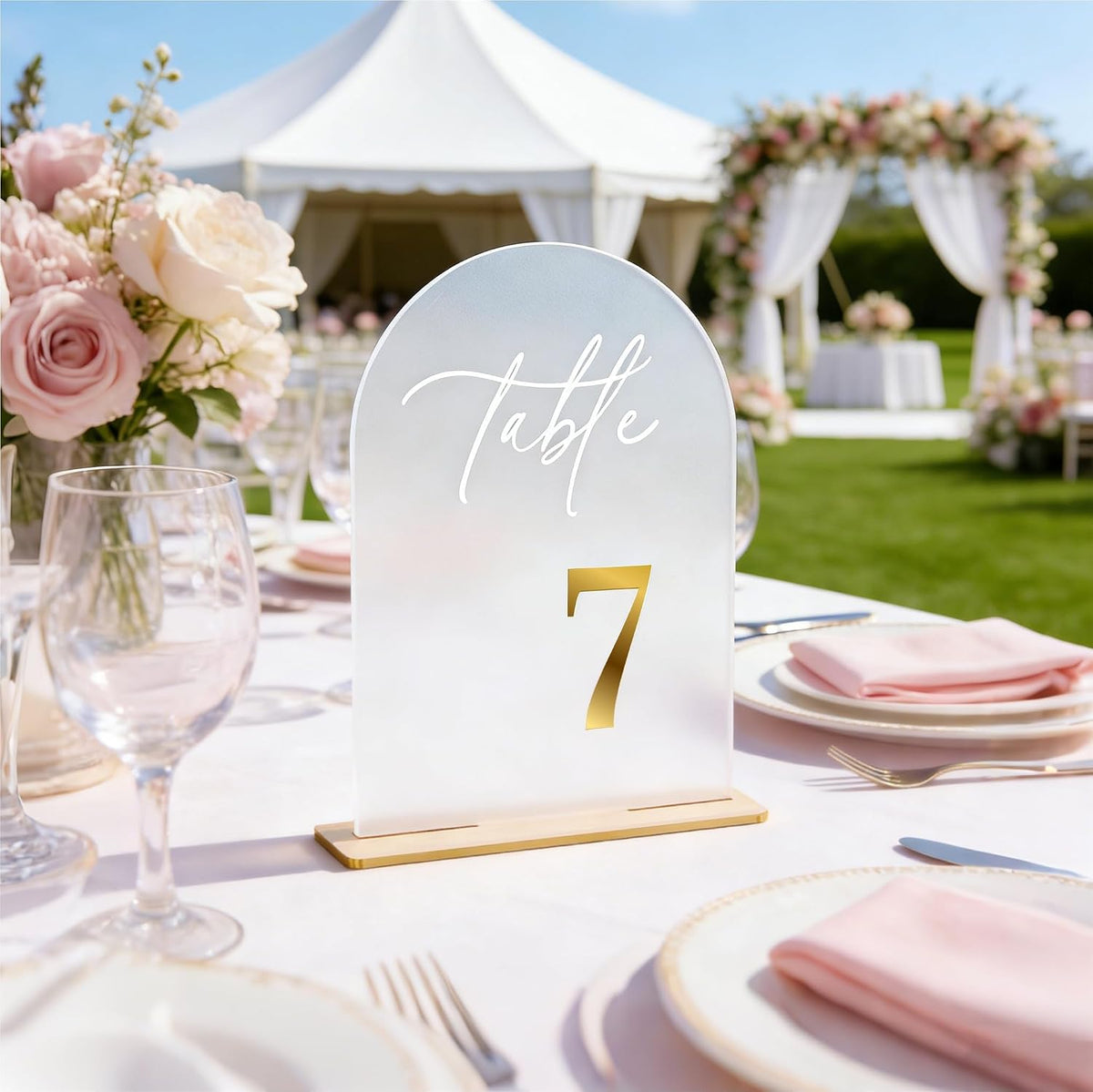 Frosted Wedding Table Numbers 1-30 with Stands - 5.5x7 Inch | Arch table Signs, Non-reflective, Elegant Gold 3D