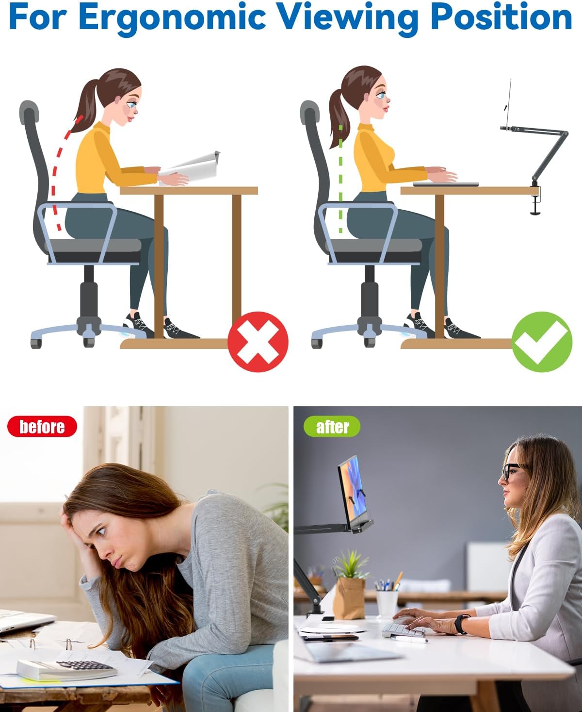 Desk Clamp Acrylic Book Stand for Reading, Ergonomic Design Adjustable Height up to 20 inches with Rotating Bases