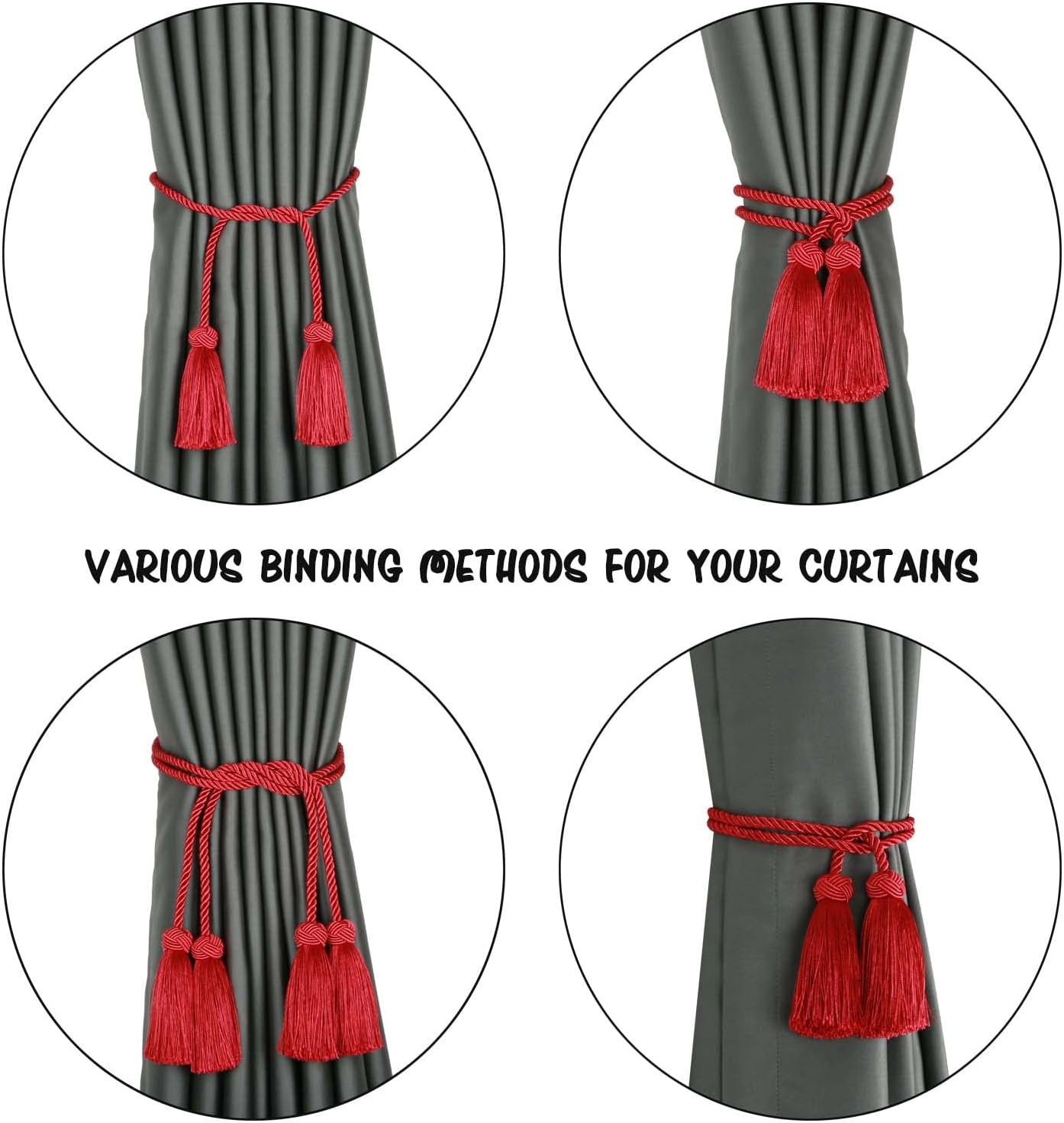 BEL AVENIR 6 Pack Handmade Rope Tassel Curtain Tiebacks | Decorative Curtain Holdbacks with Tassel (Red, 6 Pack)