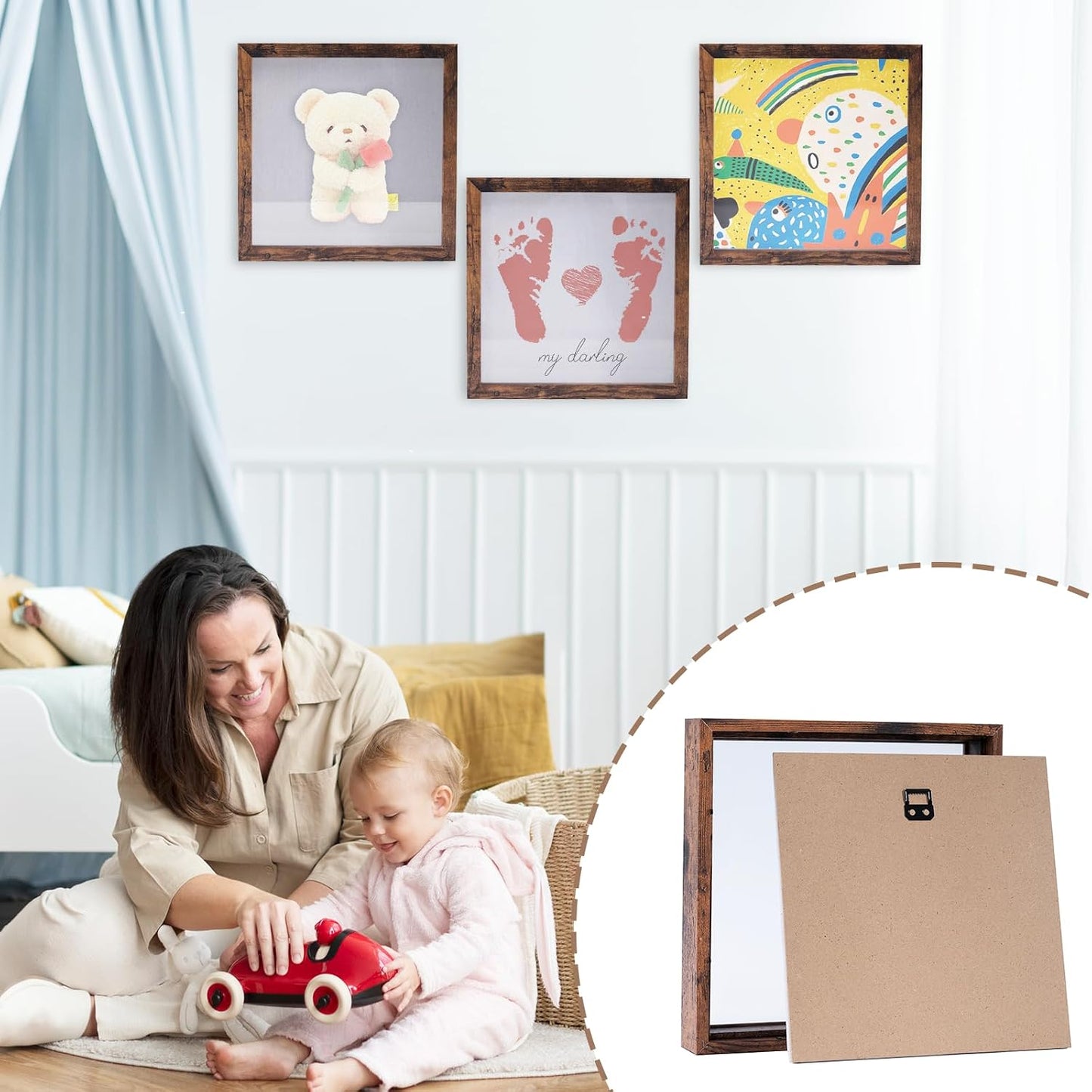 Muzilife 12x12 Shadow Box Wood Picture Frame, Tempered Glass, Honey Brown | FSC-Certified MDF | Soft Acid-free Linen