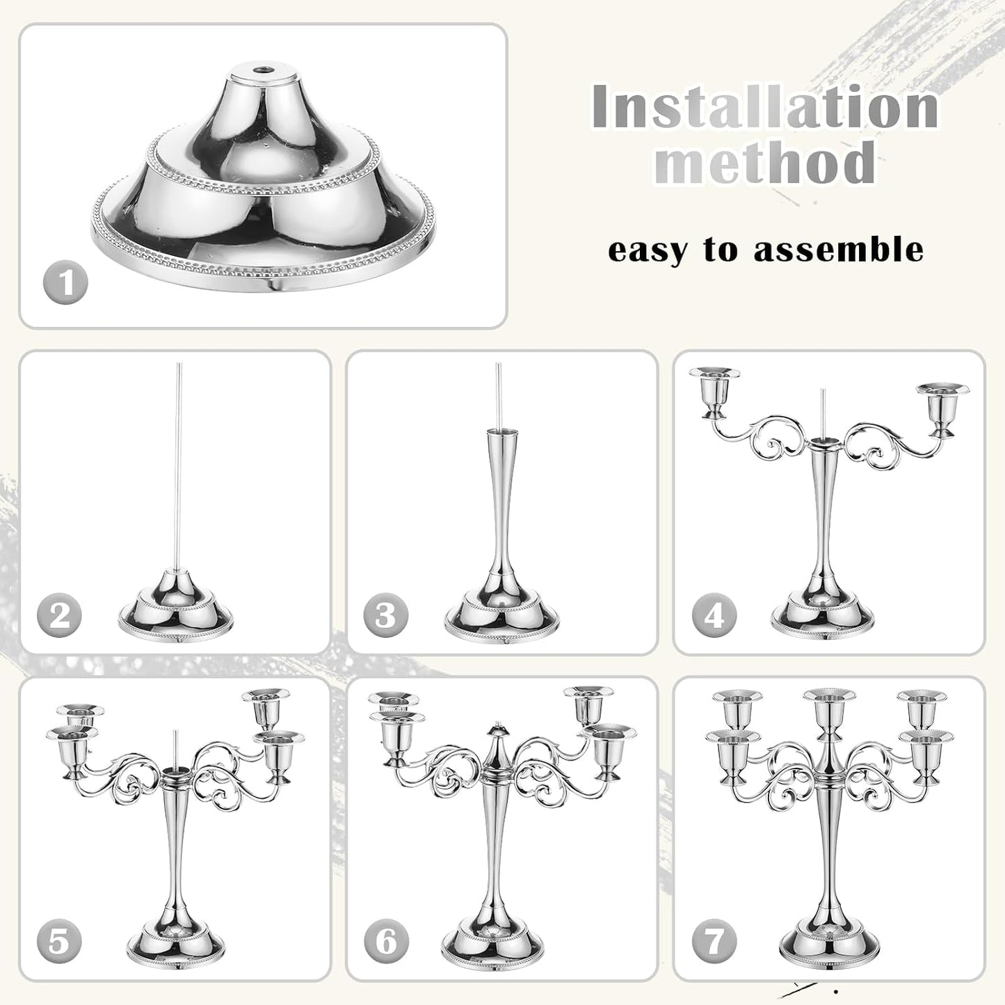 3 Pcs 5 Arm Metal Candelabra 10.24 Inch Tall Holders,Sliver | Gothic Candlestick for Wedding Centerpiece, Church