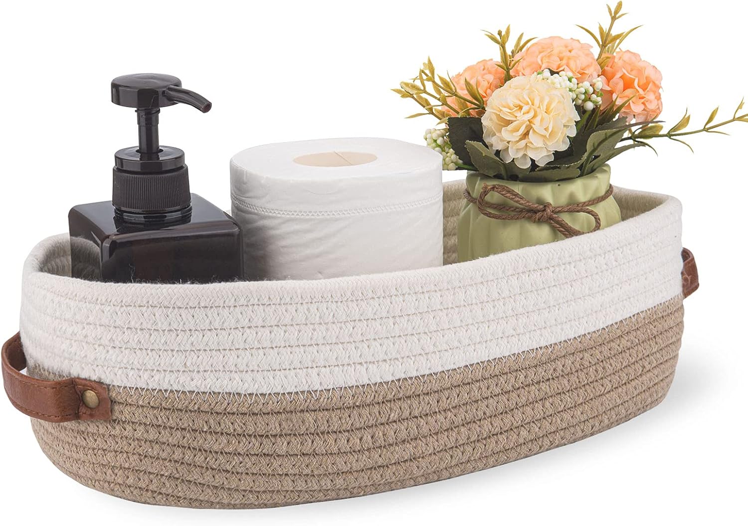 Farmhouse Home Decor Organizing Baskets " Brown / Brown Stitching White / 13 x 5.9 x 4