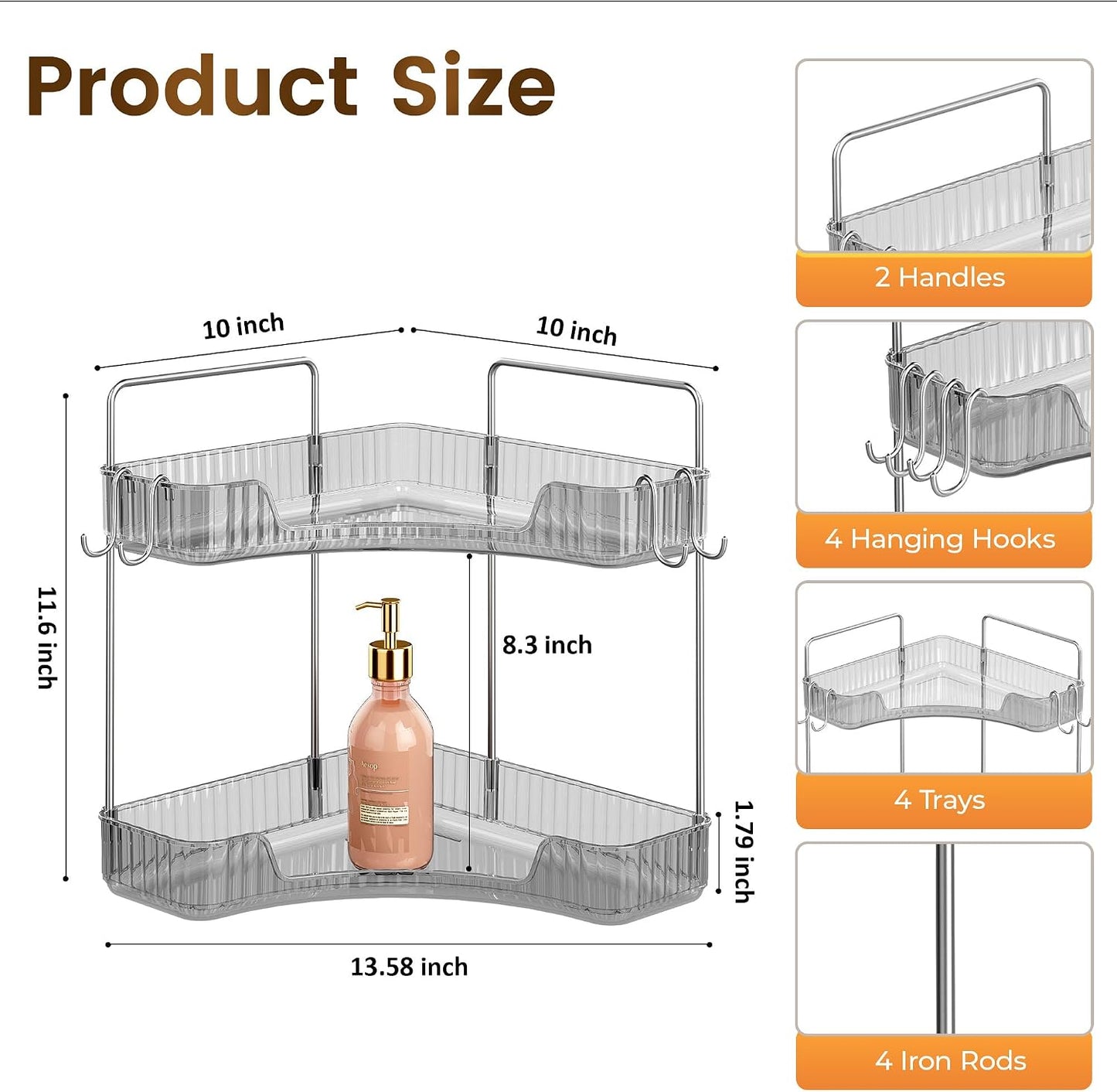 Corner Counter Organizer, 2-Tier Bathroom & Kitchen Storage Tray | Grey Vanity Organizer Storage Countertop with Hooks