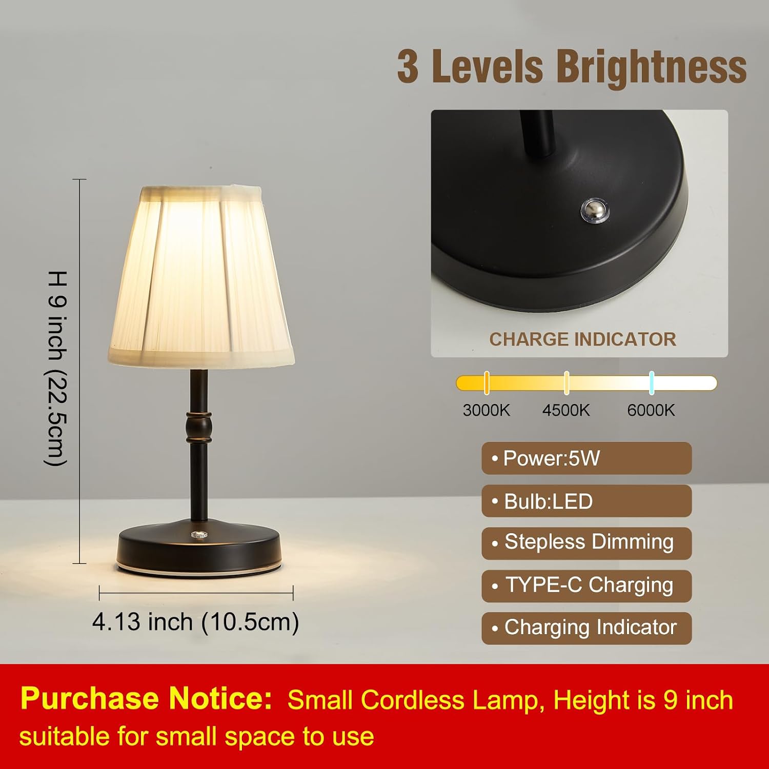 5W LED Cordless Mini Lamp,3000 mah Battery Operated Lamps,3 Color Temperature Dimmable Table Light,Small Rechargeable