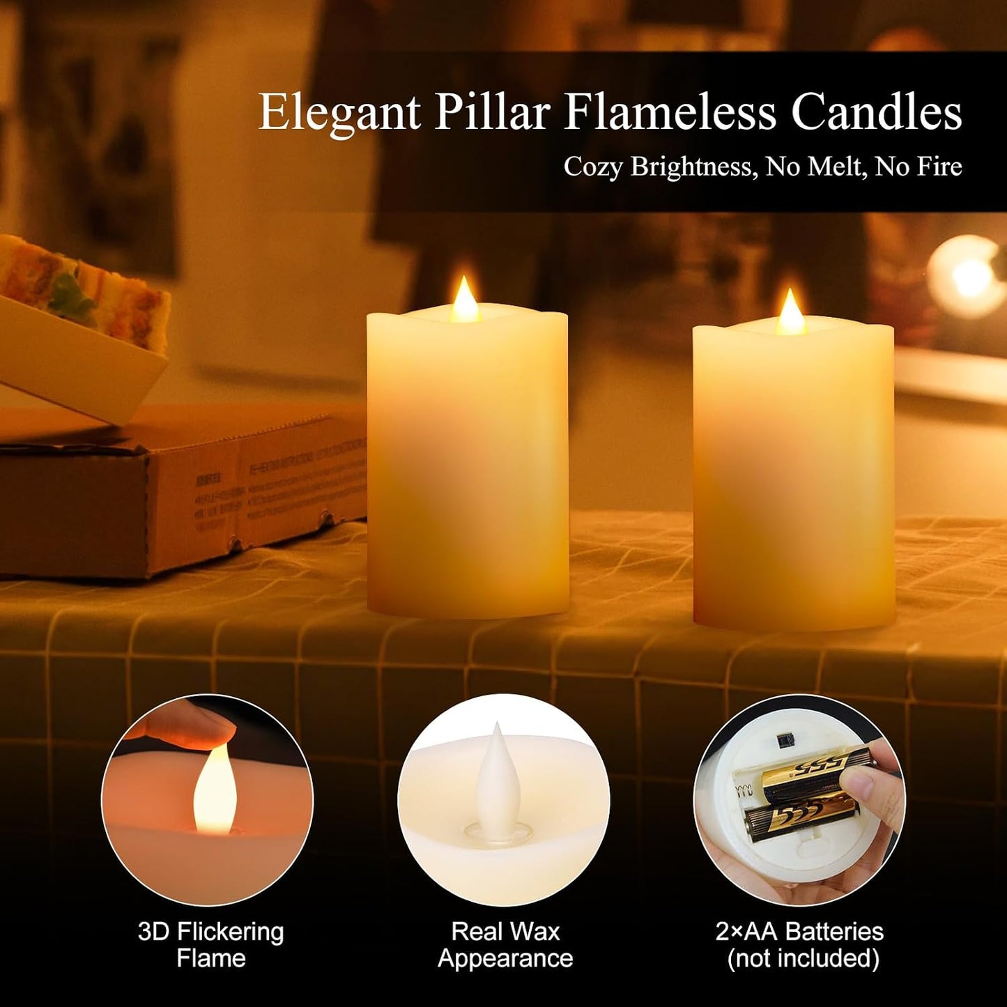 3x4 Flickering Flameless Candles Set of 3,Real Wax Pillar LED Candles,with Timer,4 inch Flameless Candles with