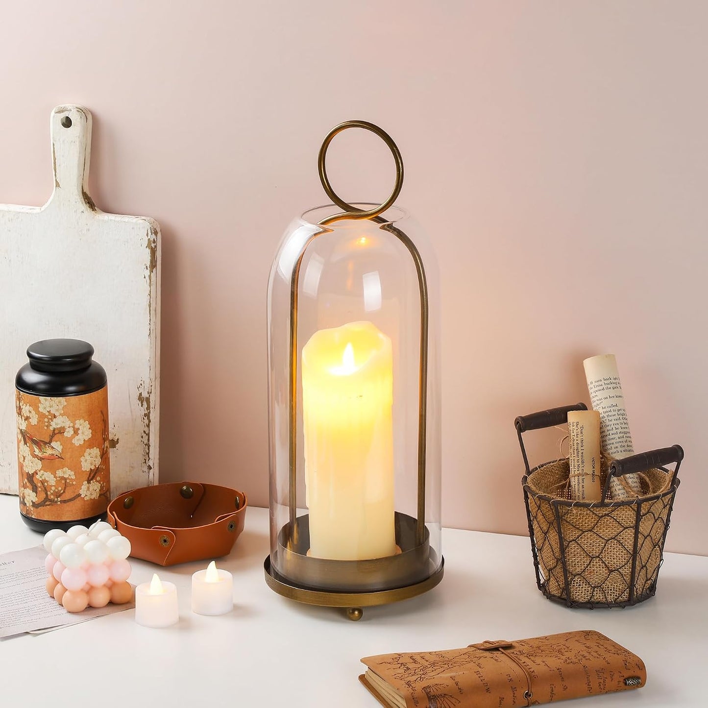 16" High Versatile Modern Metal Hurricane Lantern with Handmade Sturdy Glass Dome in Antique Brass for Pillar Candle &