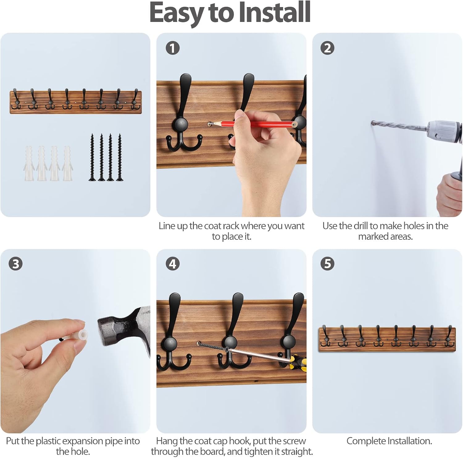 Coat Rack Wall Mount, Wooden Heavy Duty Coat Rack for Wall,8 Triple Coat Hanger Hooks for Hanging