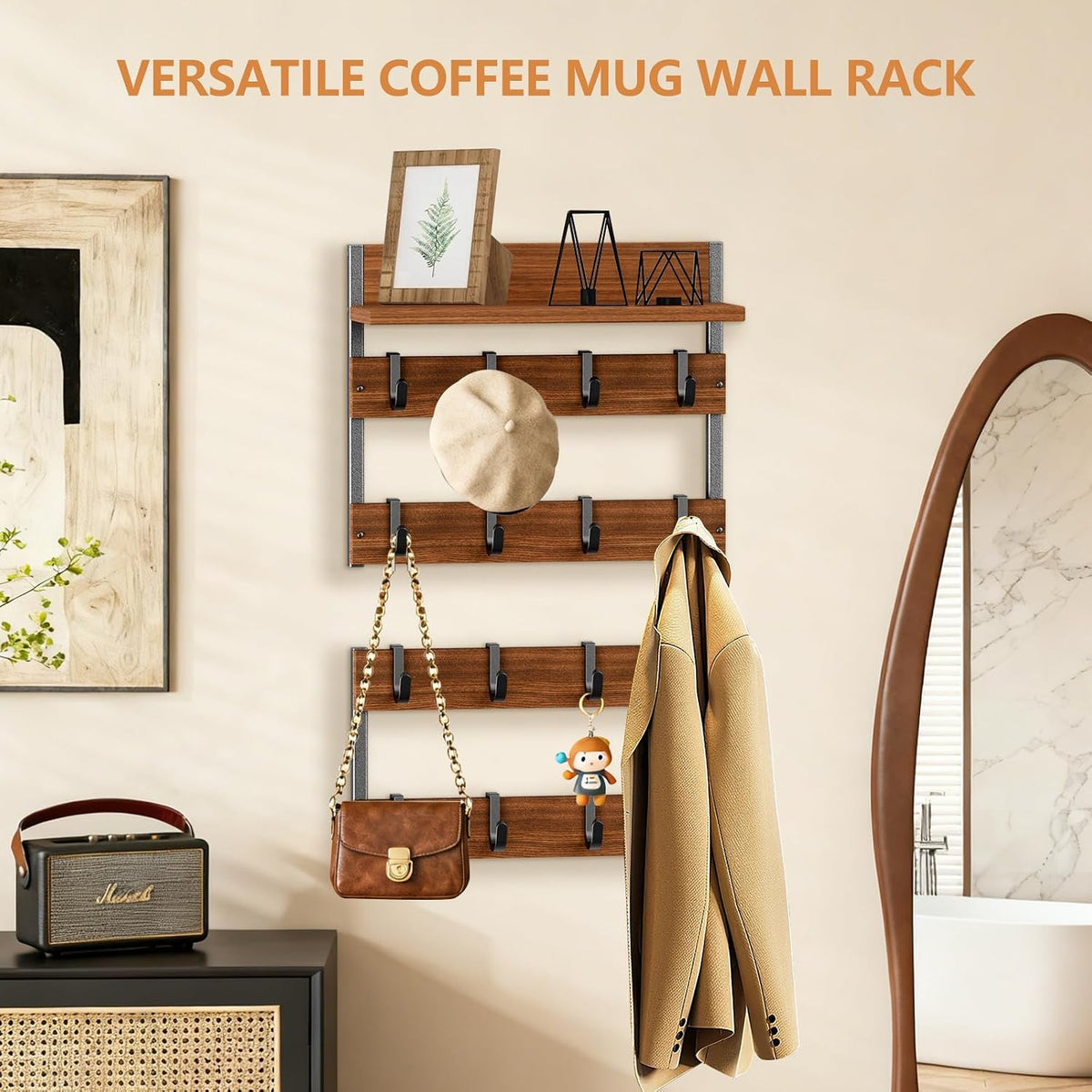 2-in-1 Coffee Cup Holder Wall Mounted with 16 Adjustable Hooks | 4-Tier Coffee Mug Holder Wall Mount with Display