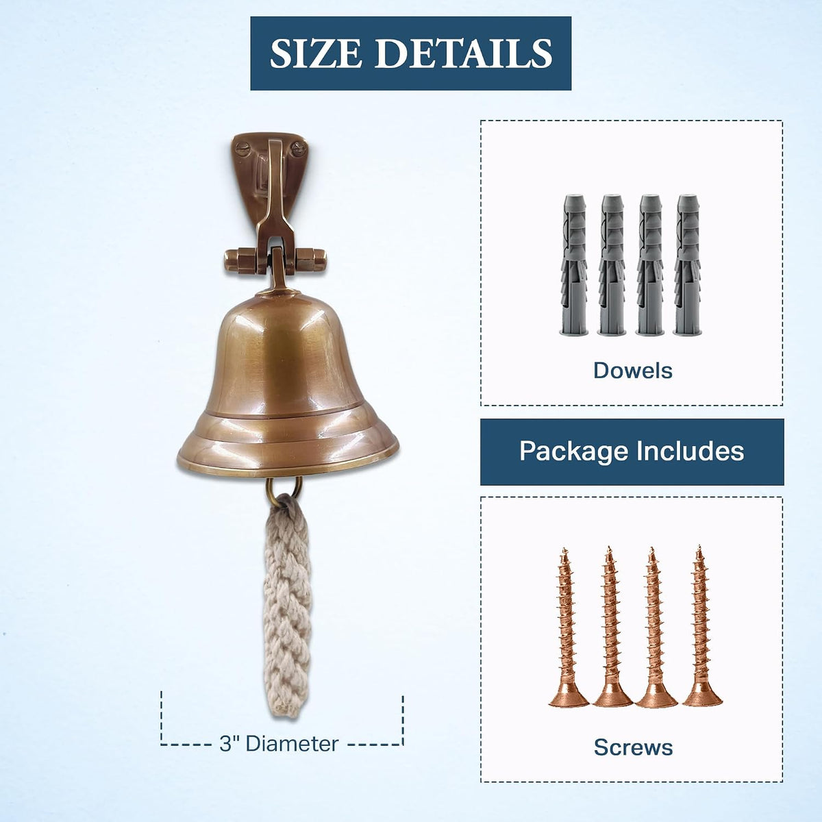3" Antique Solid Brass Bell Quality Marine Wall Mounted Ship Hanging Bell Perfect for Dinner, Indoor, Outdoor, School