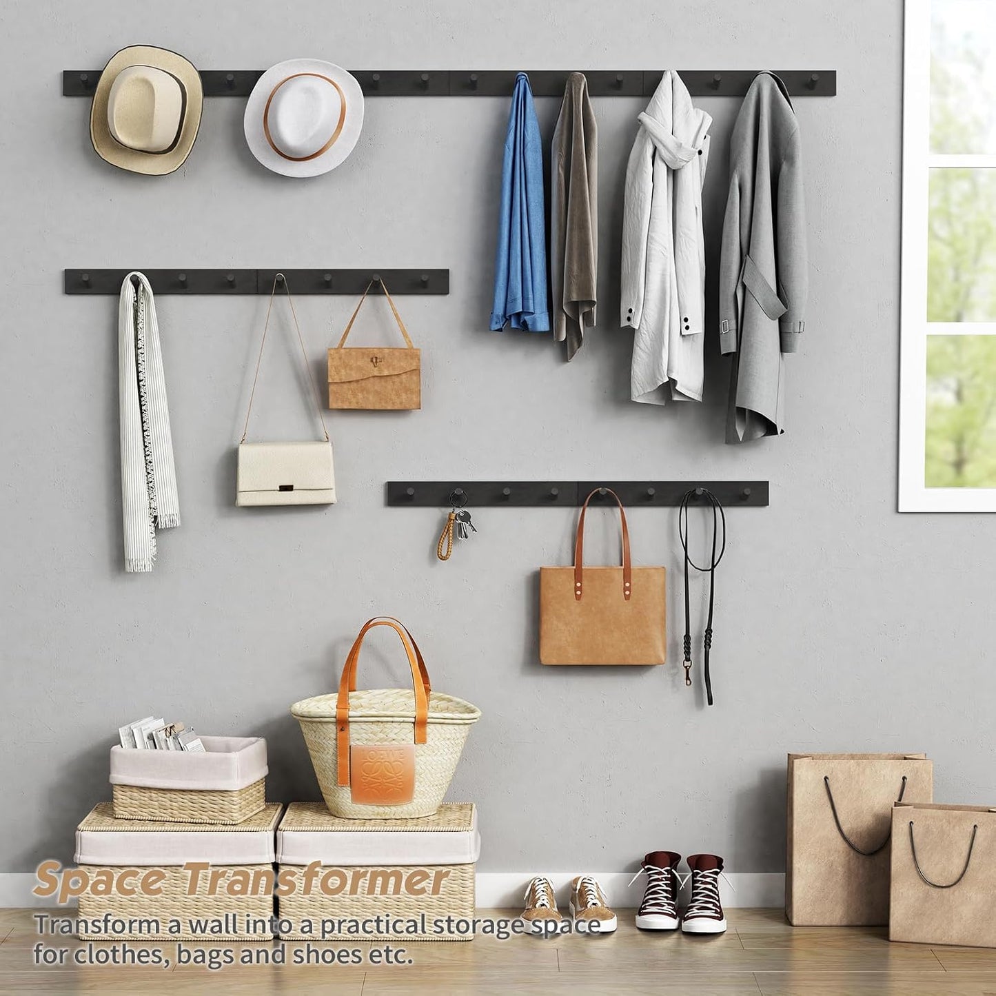 Forbena Black Coat Rack Wall Mount 4-Pack, Rustic Farmhouse Coat Hooks for Wall, Vertical Hanging Hat Rack for Office
