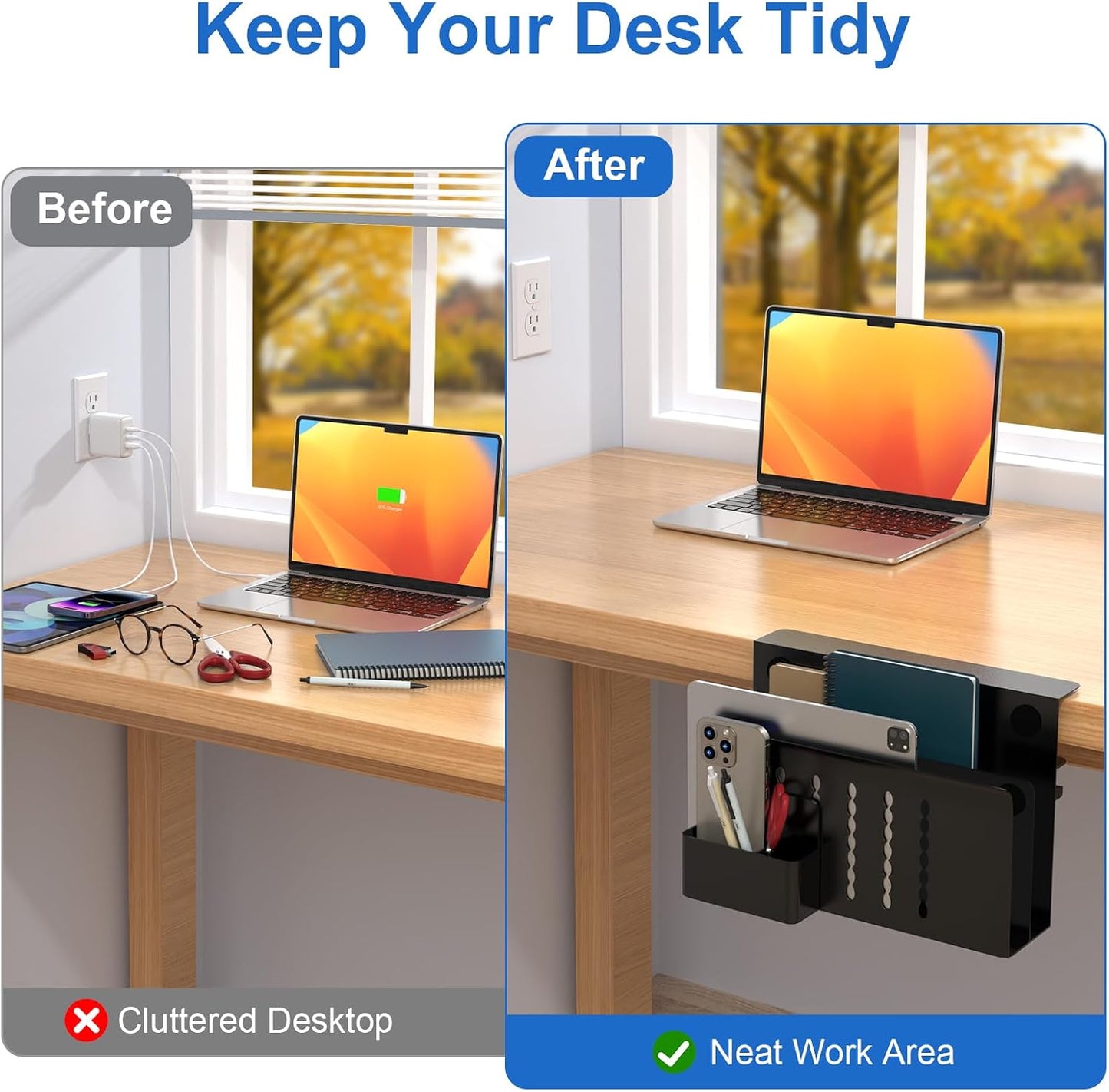 HAMOPY Desk Side Storage, 2 Tier Steel Hanging Desk Organizer with Magnetic Pen Holder, No Drilling Standing Desk