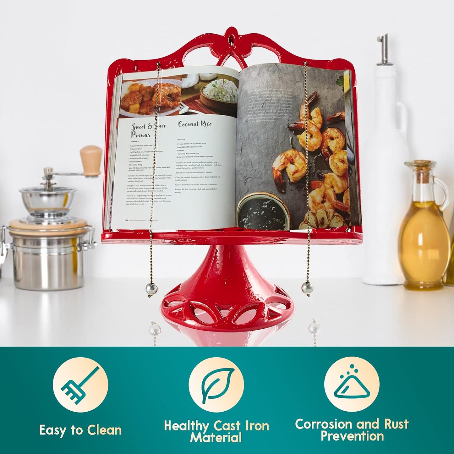 JOGREFUL Adjustable Cast Iron Cookbook Stand, Kitchen Recipe Holder Red | Heavy-Duty Book Vintage Holder, Reading Rest