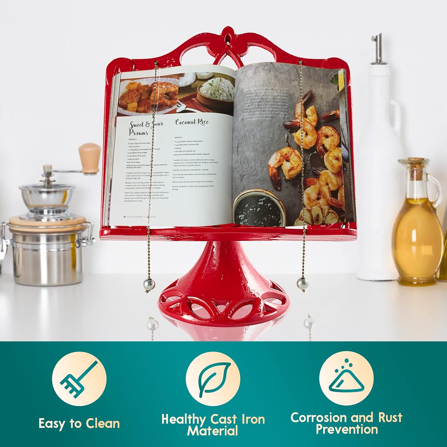 JOGREFUL Adjustable Cast Iron Cookbook Stand, Kitchen Recipe Holder Red | Heavy-Duty Book Vintage Holder, Reading Rest