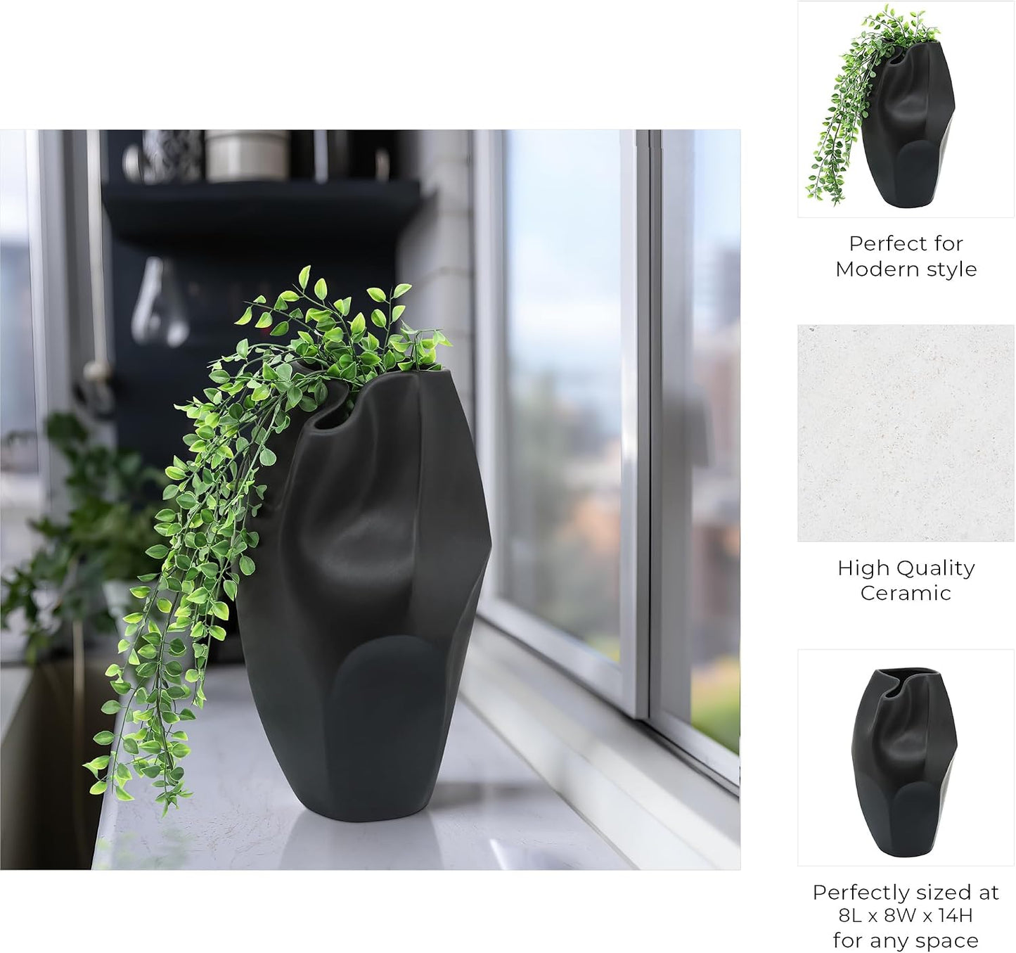Ceramic Flower Vase / 14.0" H / Black