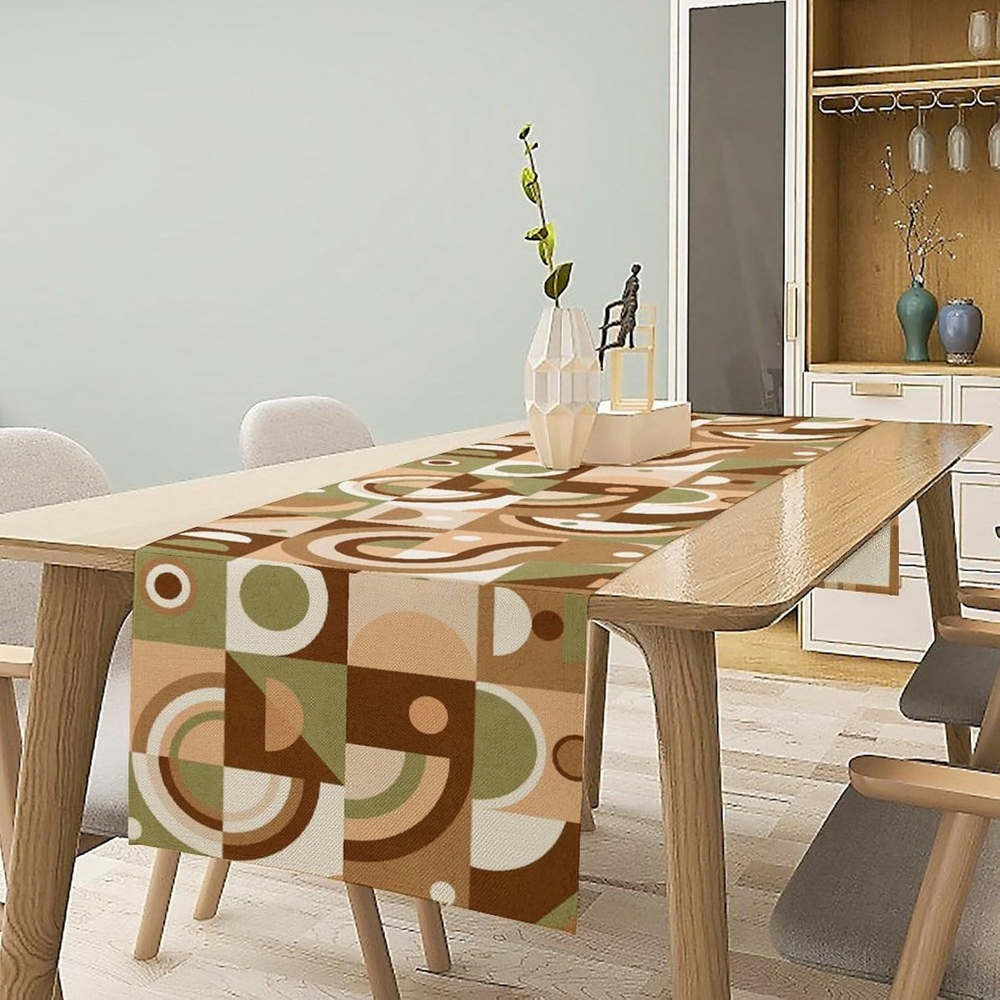 Mid Century Kitchen Table Runner,Abstract Aesthetic Geometric Mid Century Retro Modern Patterns Printed Linen Table